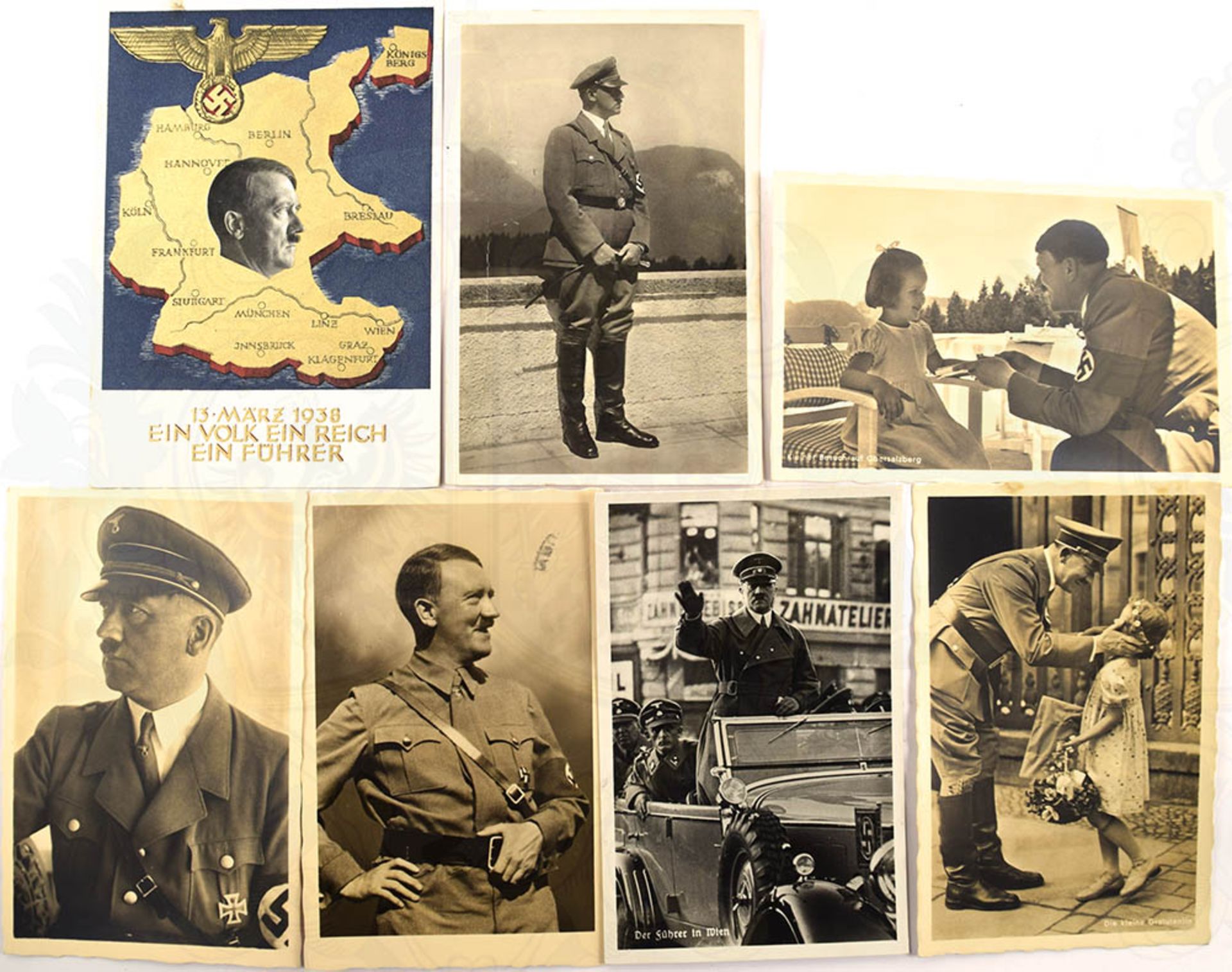 6 FOTO-AK ADOLF HITLER, alle in Uniform, grüßend im offenen Wagen, auf dem Obersalzberg, 2x mit