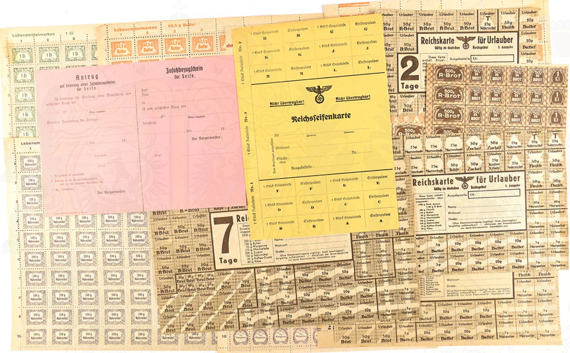 KONVOLUT LEBENSMITTELKARTEN, 14 Bögen, meist f. Wehrmacht bzw. Fronturlauber im Dt. Reichsgebiet,