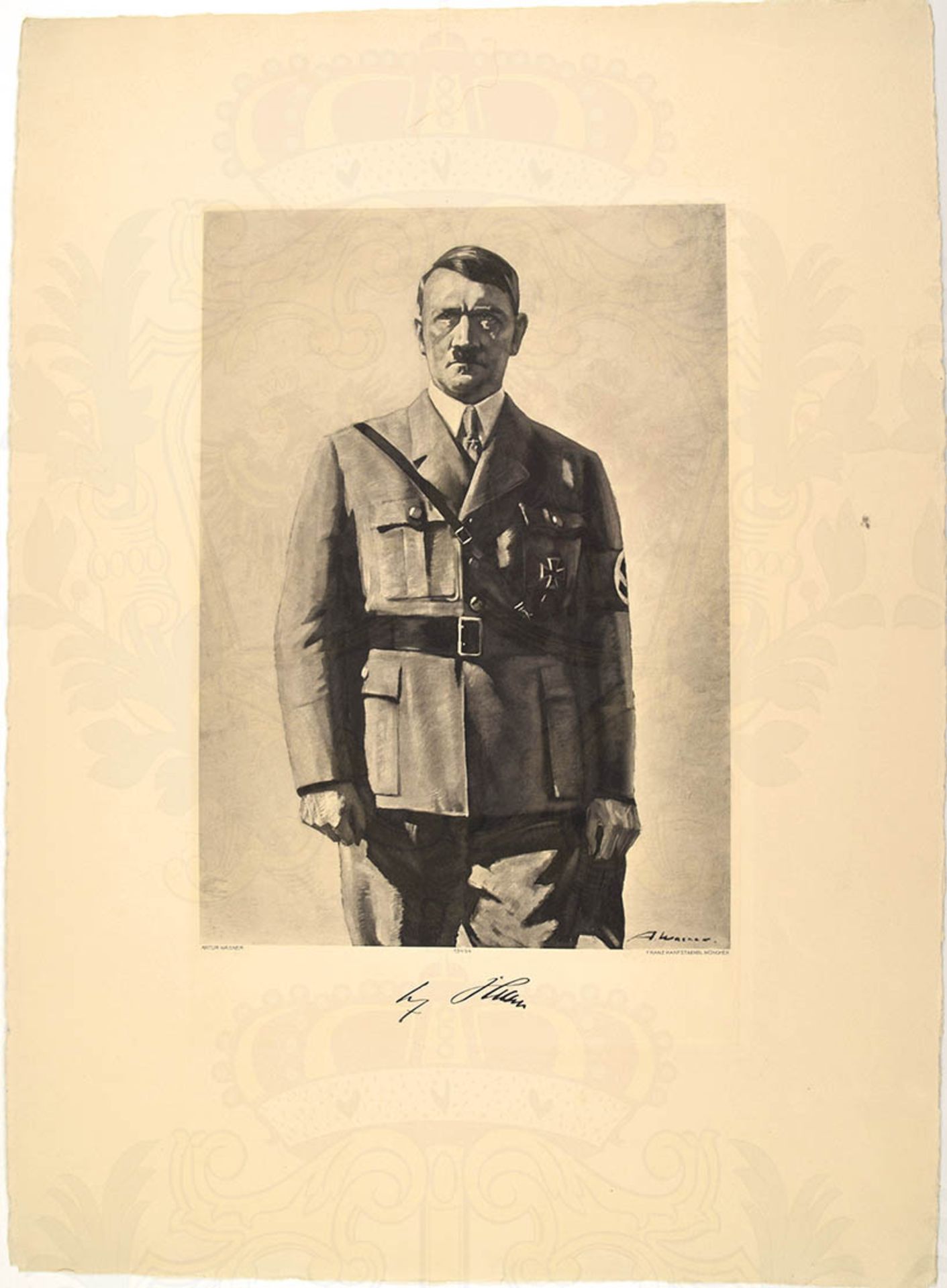 PORTRAIT ADOLF HITLER, Kniestück in Uniform mit HK-Armbinde, mit faks. U., Tiefdruck von F.