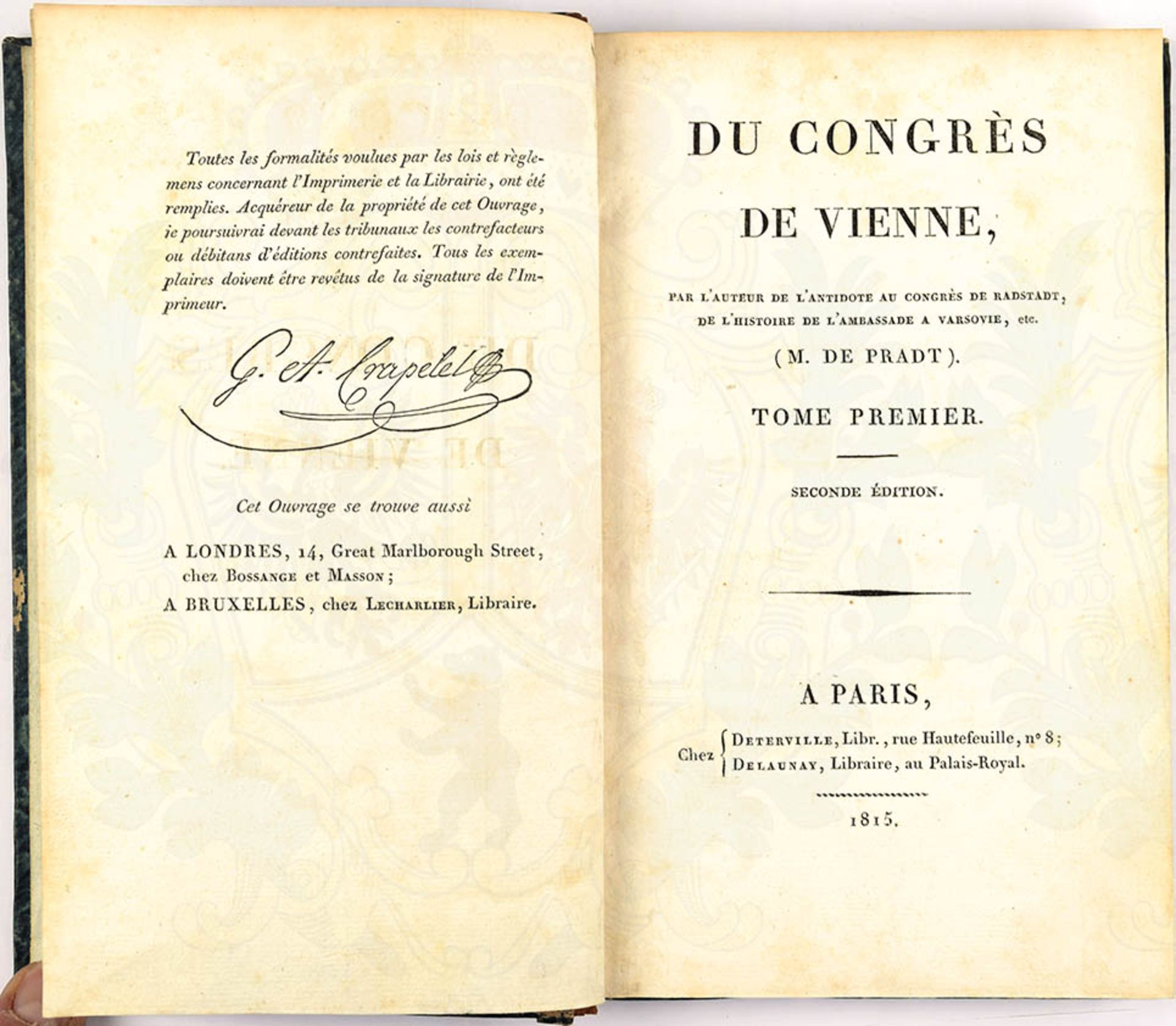 DU CONGRÈS DE VIENNE, M. de Pradt, Tome 1er, 2. Ed., Deterville Libr., Paris 1815, 274 S., - Bild 2 aus 2