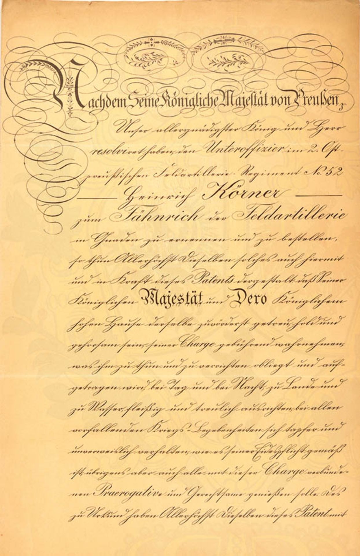 PATENT ALS FÄHNRICH, f. e. Uffz., 2. Ostpr. FAR No. 52, 18.10.1903, gr. Prägesiegel, Doppelblatt,