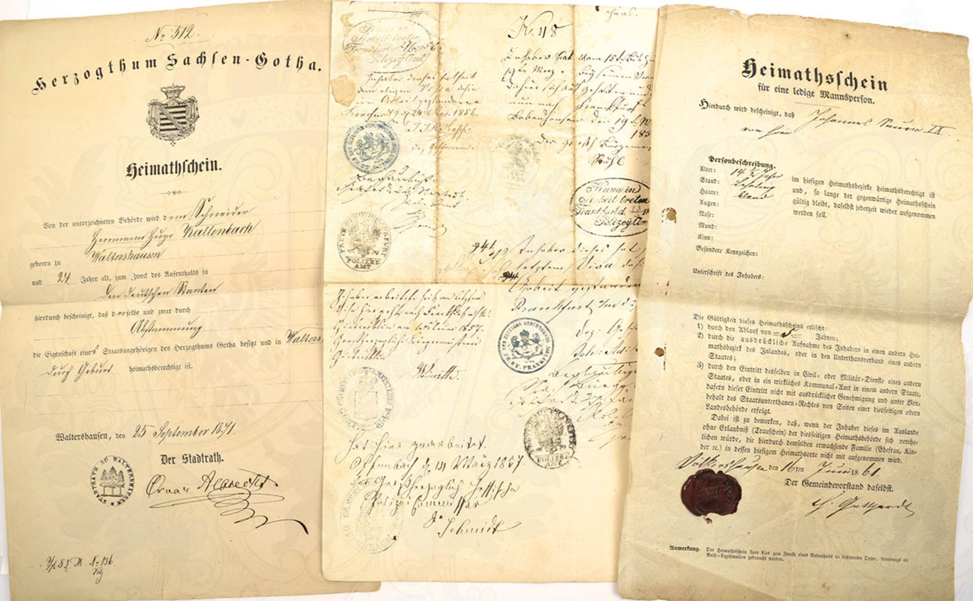 3 HEIMATSCHEINE 1856-1871, Waltershausen/Sachsen-Gotha; Völkershausen Sachsen-Weimar; Dieburg