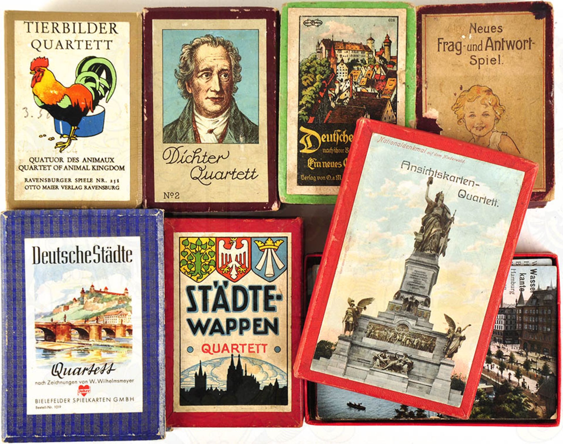 7 QUARTETTSPIELE, Ansichtskarten-Quartett, um 1910; Städte-Wappen, um 1935; Dt. Städte, um 1910,