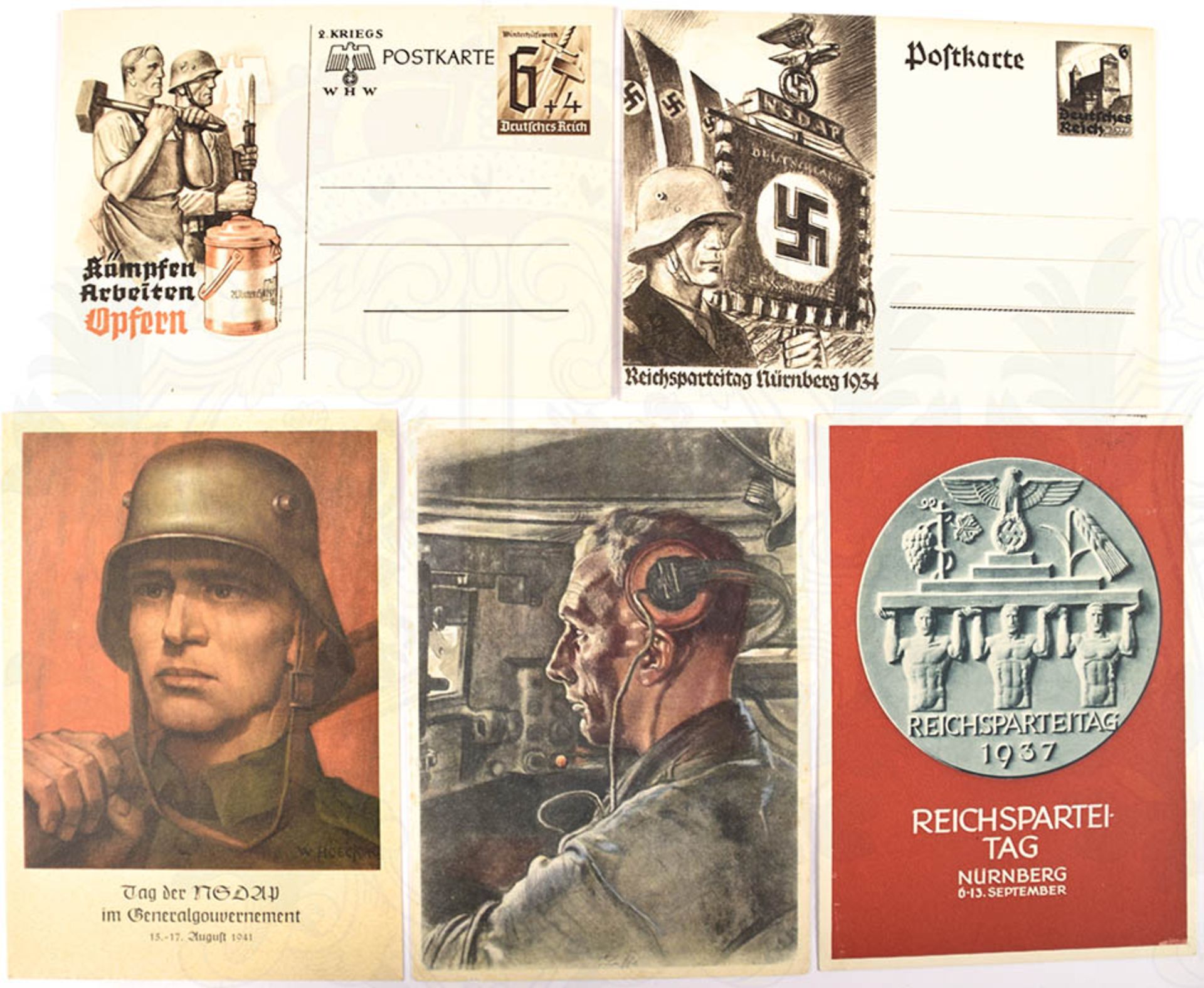 5 PROPAGANDA-AK, farb. "Tag d. NSDAP im Generalgouv. 1941"; "RPT 1939"; "Der Panzerfahrer", (