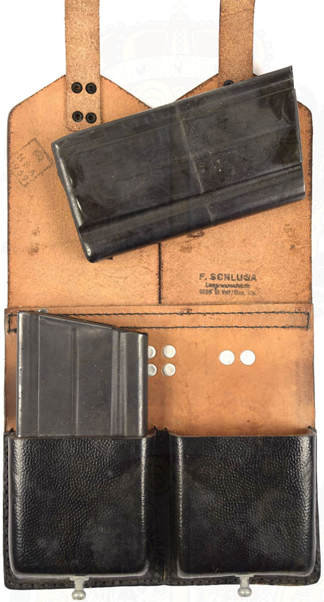 2 G-3 MAGAZINE, brüniertes Stahlblech, in Magazintasche, 2er-Verband, geschwärztes, genarbtes Leder, - Bild 2 aus 2