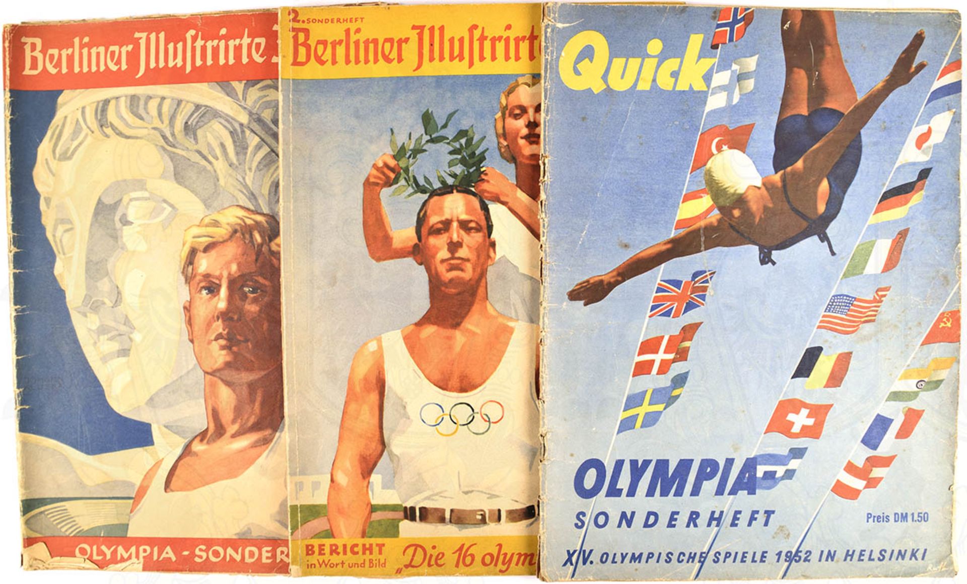 3 ILLUSTRIERTE, "Berliner Ill. Zeitung", 1. u. 2. Olympia-Sonderheft, 1936; "Quick Olympia