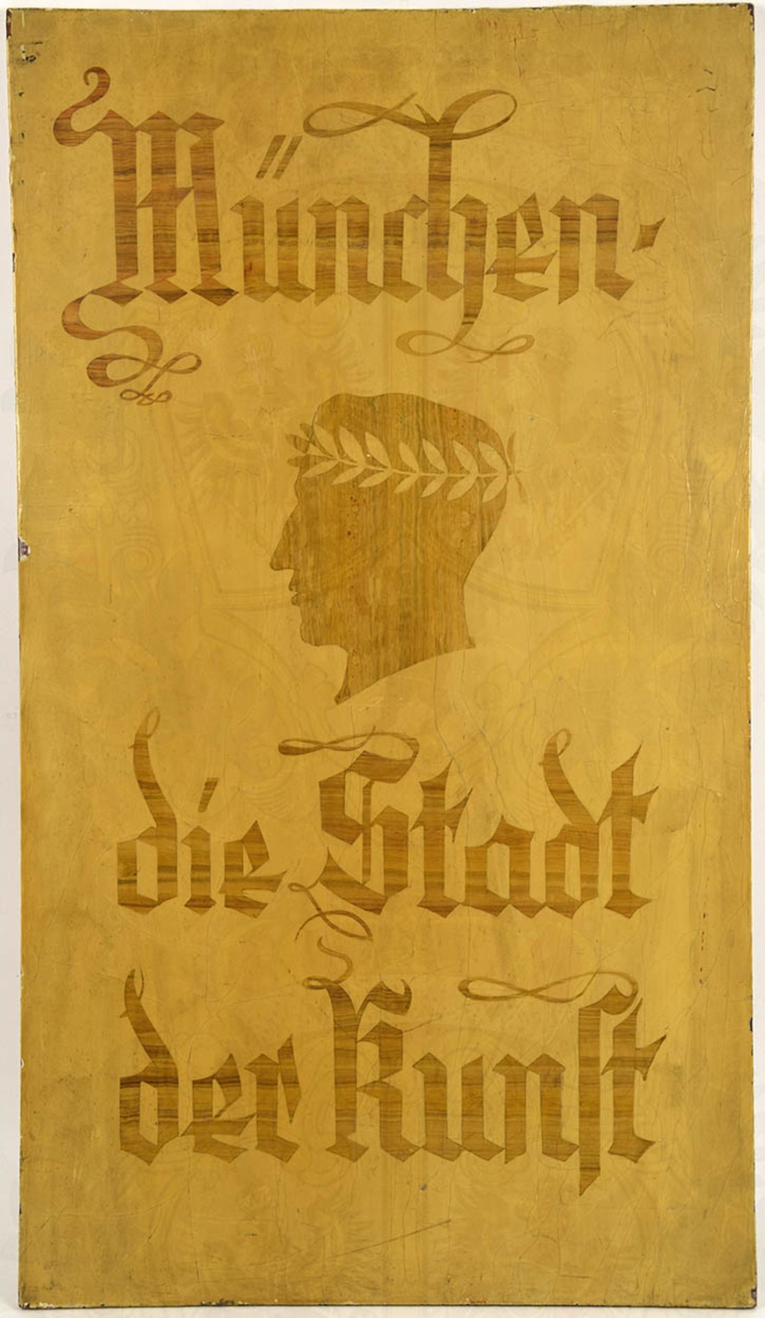 PROPAGANDA-SCHILD "München - die Stadt der Kunst", antike Portrait-Silhouette mit Lorbeer-Kranz,