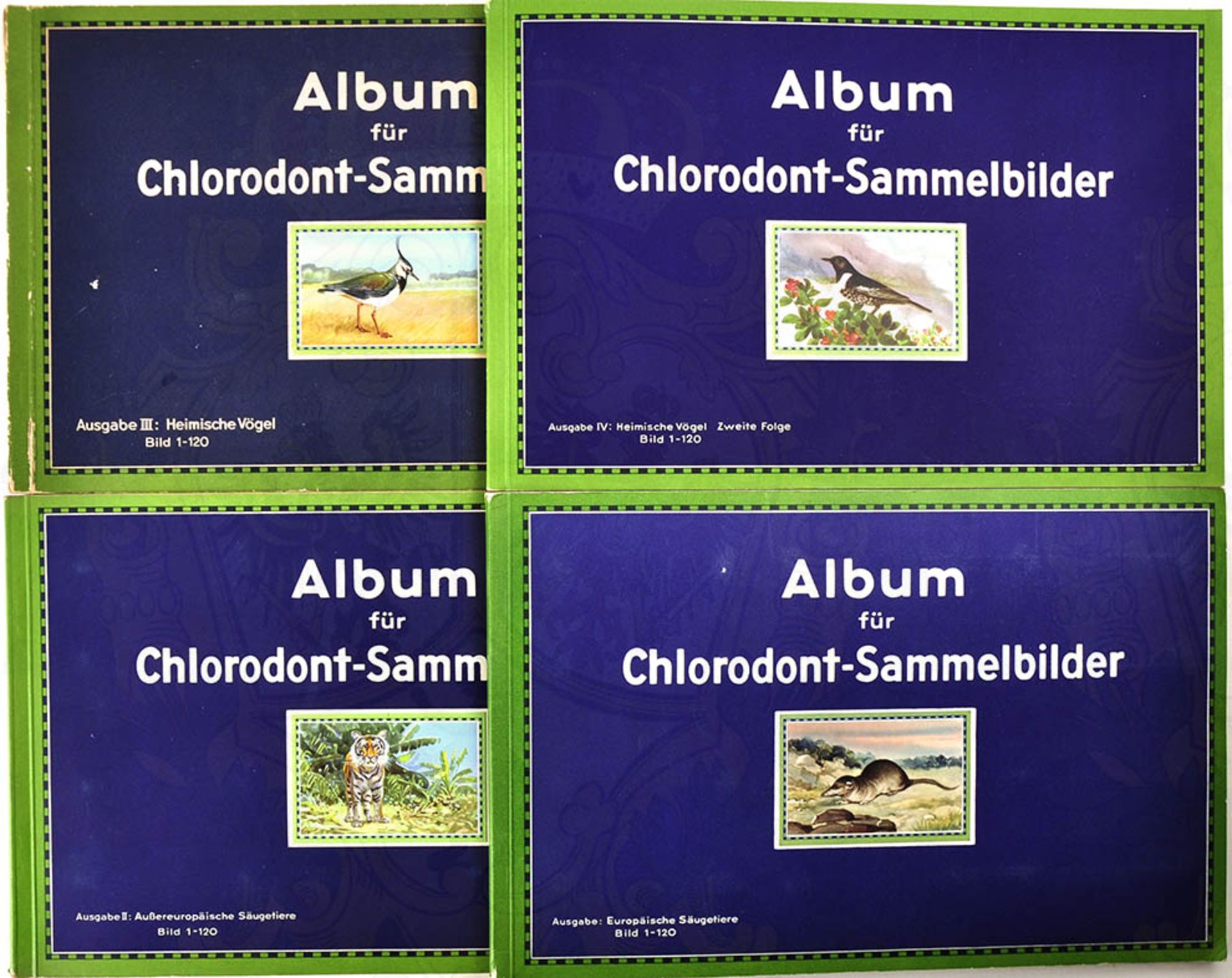 ALBUM FÜR CHLORODONT-SAMMELBILDER, Bände 1-4: Europäische bzw. Außereuropäische Säugetiere,