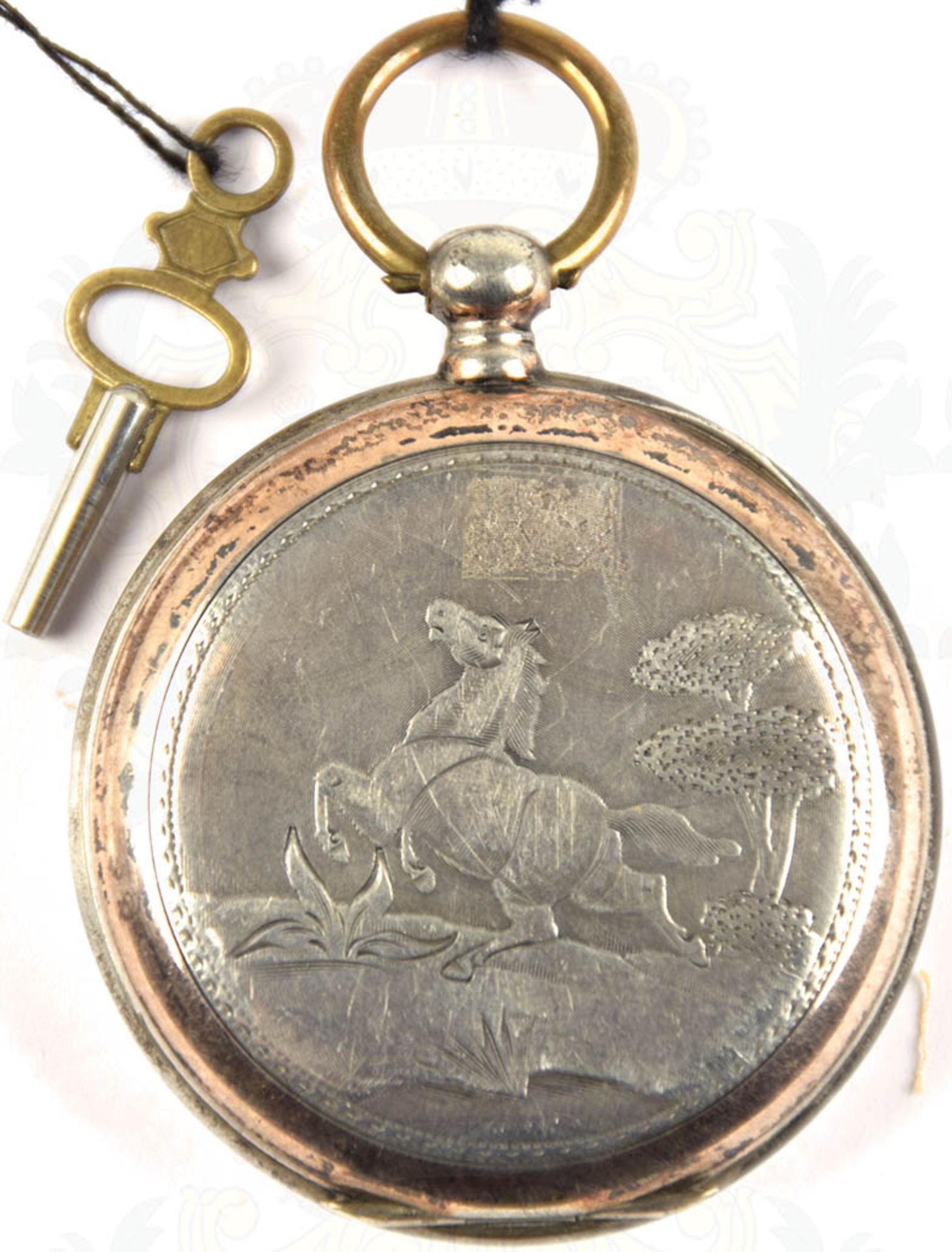 HERREN-TASCHENUHR, um 1890, punziert "800", 15 Rubis, Tragering, Schlüsselaufzug (orig. Schlüssel - Bild 2 aus 2