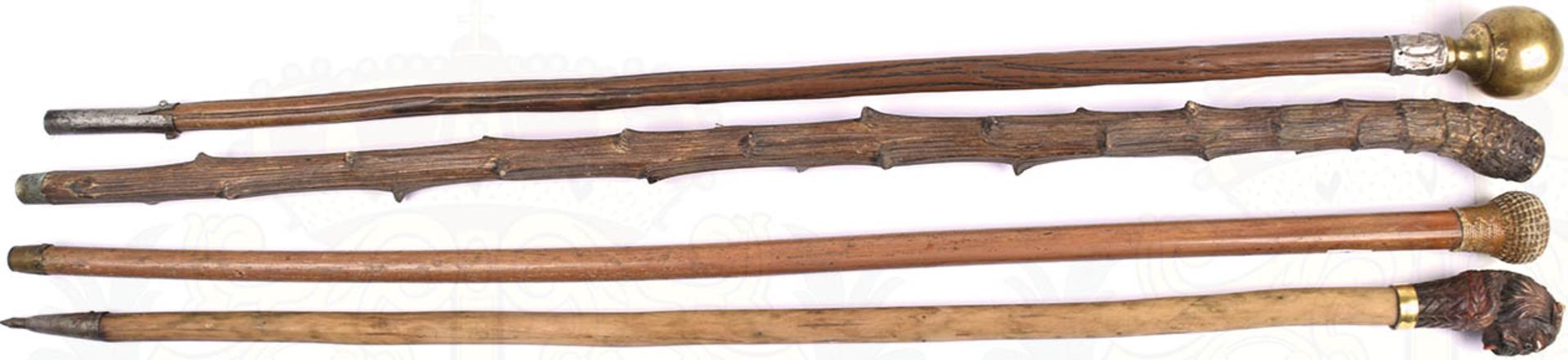 4 GEHSTÖCKE, versch. Holzsorten, L. 88-90 cm, 1 Kugelknauf, Messing, 2 plastisch gearbeitete Knäufe,