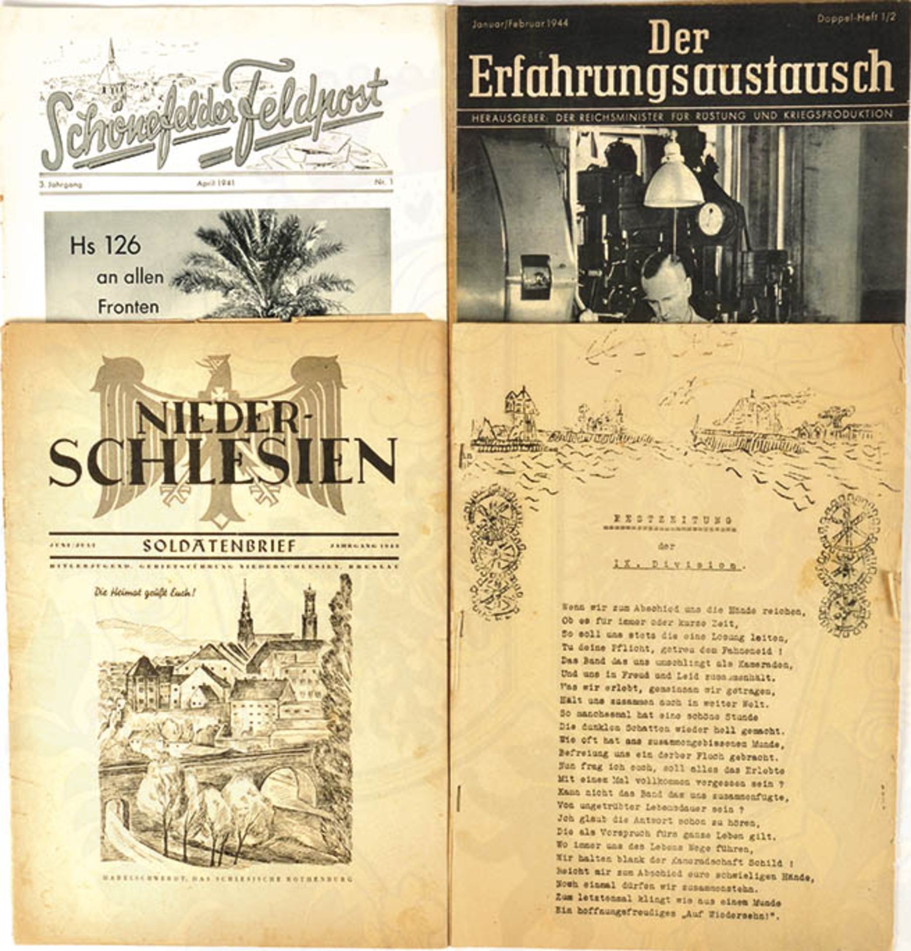 7 ZEITSCHRIFTEN: 2 Fest-Zeitungen, IX. Division u. Wach-Batl. der LW; Heimat, FP-Brief der LW;