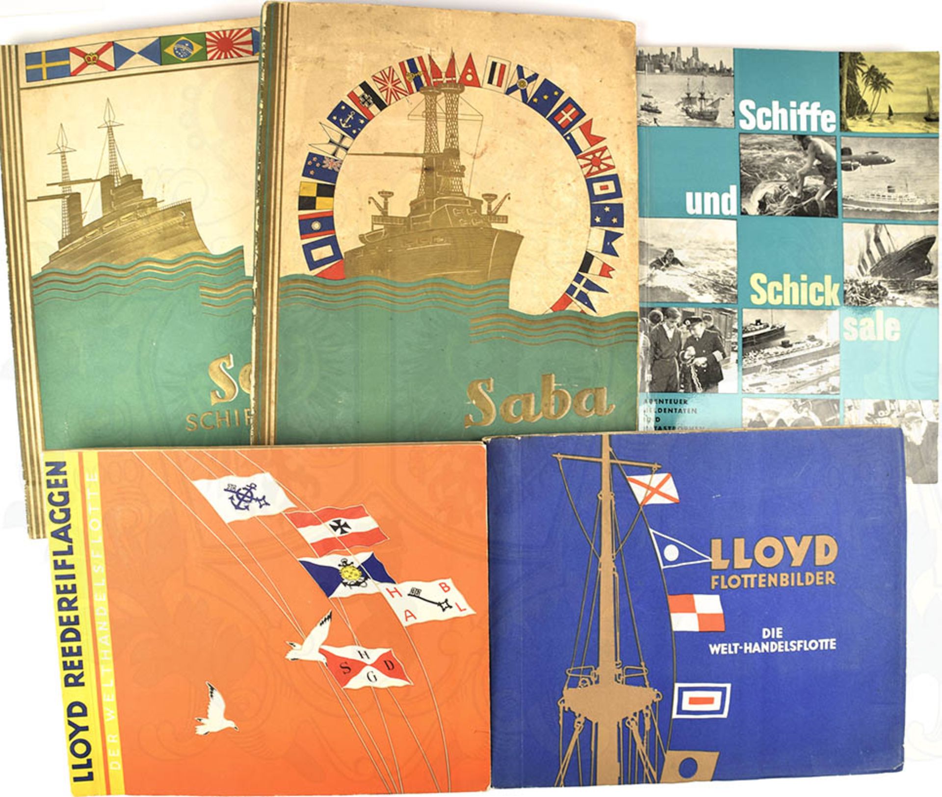 KONVOLUT SCHIFFAHRT UND MARINE: "Lloyd Flottenbilder"; "Lloyd Reedereiflaggen"; "Saba