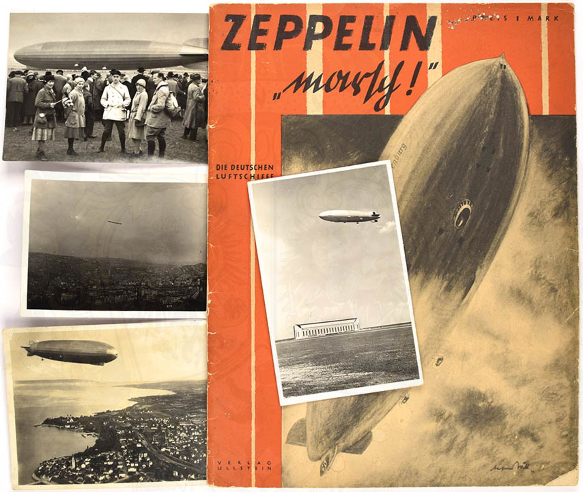 KONVOLUT: Broschüre "Zeppelin marsch!", 1936, 64 S., zahll. Abb., A 4; 3 Foto-AK: 2x LZ-127, auf