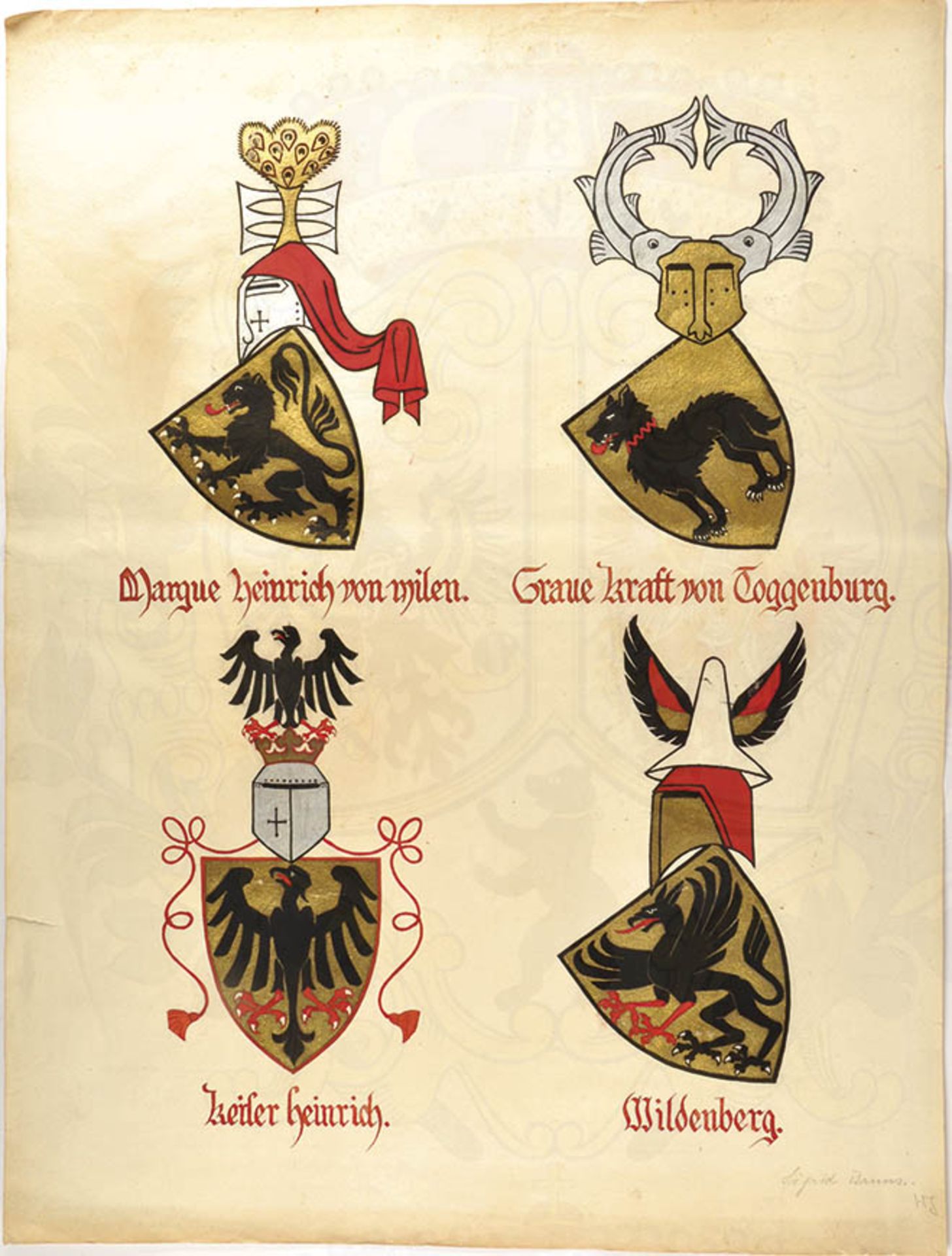 WAPPENTAFEL, farb. Zeichnung v. 4 Schweizer Adelswappen, dabei Kraft von Toggenburg, Heinrich von