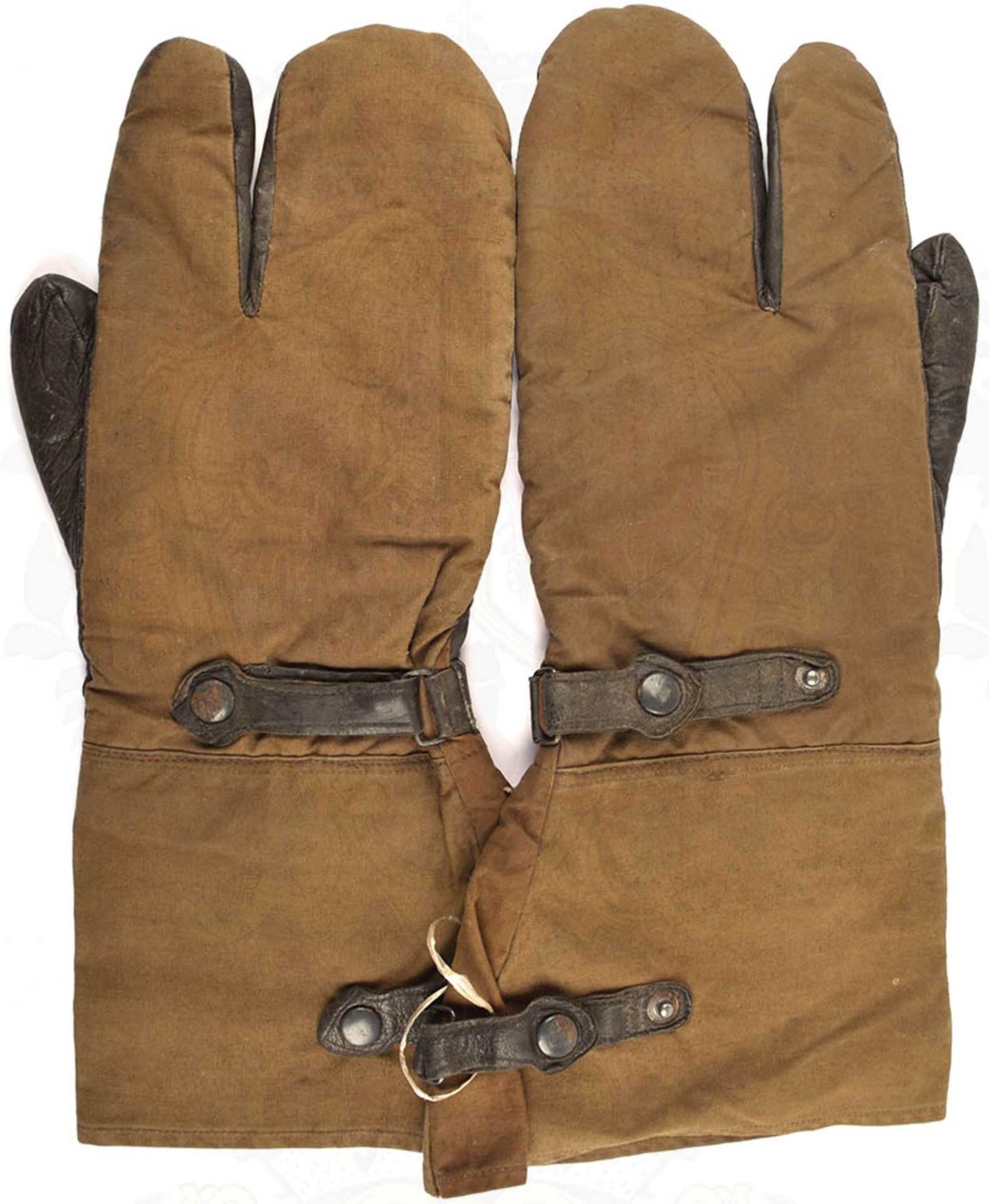 PAAR HANDSCHUHE, Handfläche graues Leder, außen u. Stulpen aus olivfarb. Ln., jeweils 2 - Bild 2 aus 2