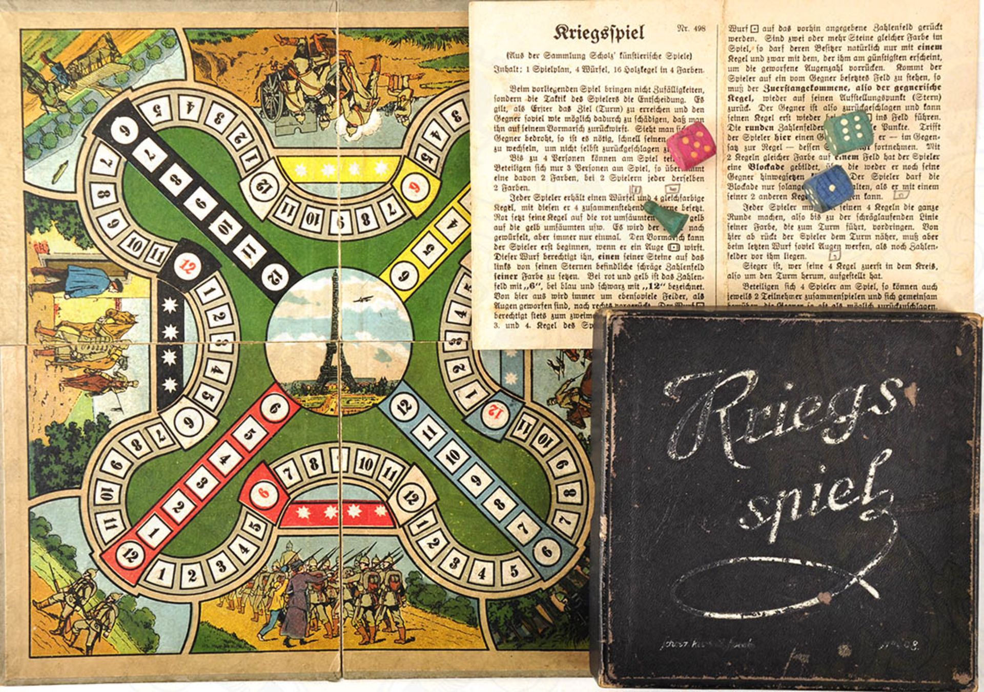 KRIEGS-SPIEL, um 1915, farb. Spielbrett, 3 von 4 Würfel, 1 v. 16 Holzkegeln, m. Spielanleitung, im