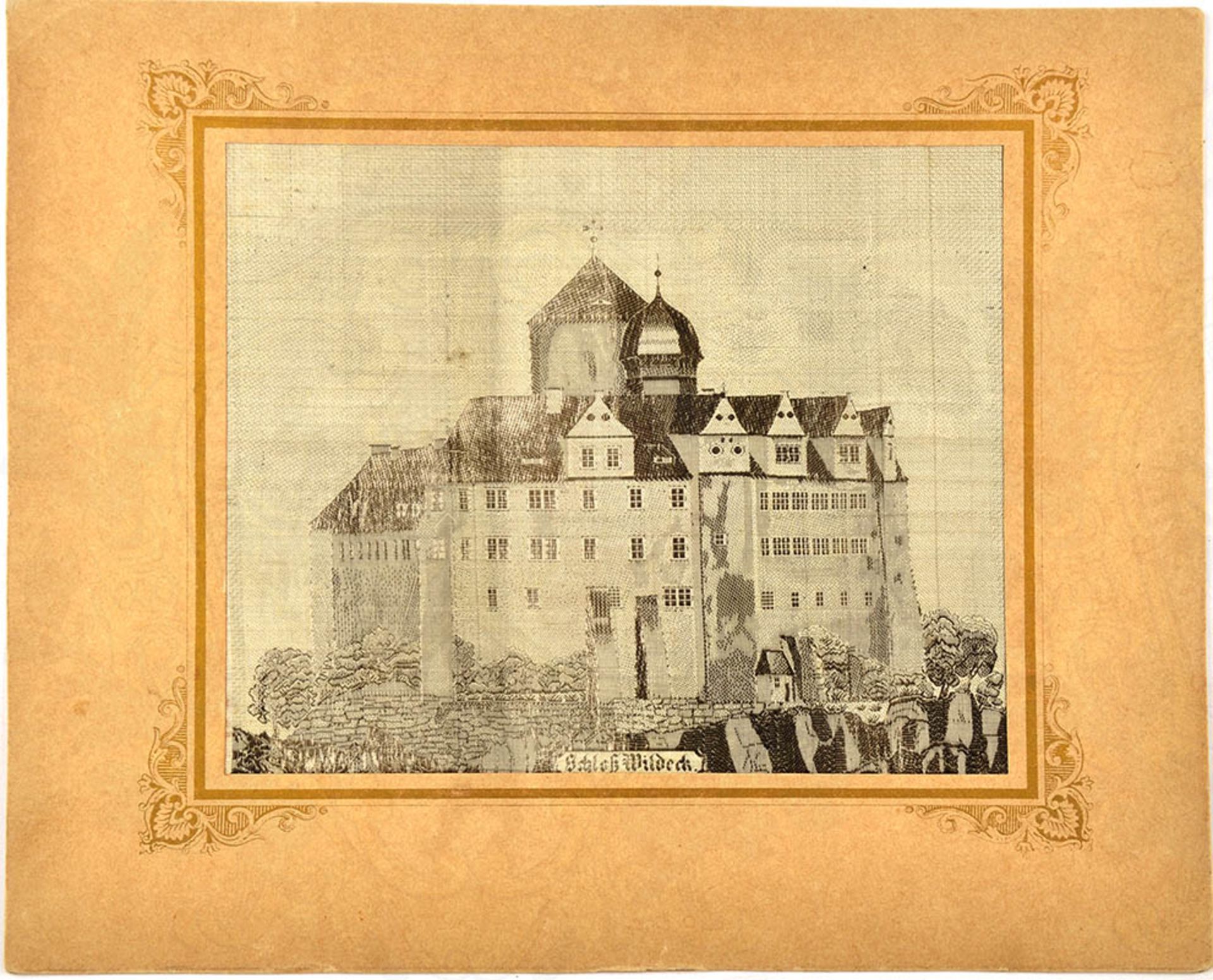 SEIDENWEBBILD SCHLOß WILDECK BEI ZSCHOPAU, 16x13 cm, hinter gld.bedr. Passepartout, 22x17 cm, um