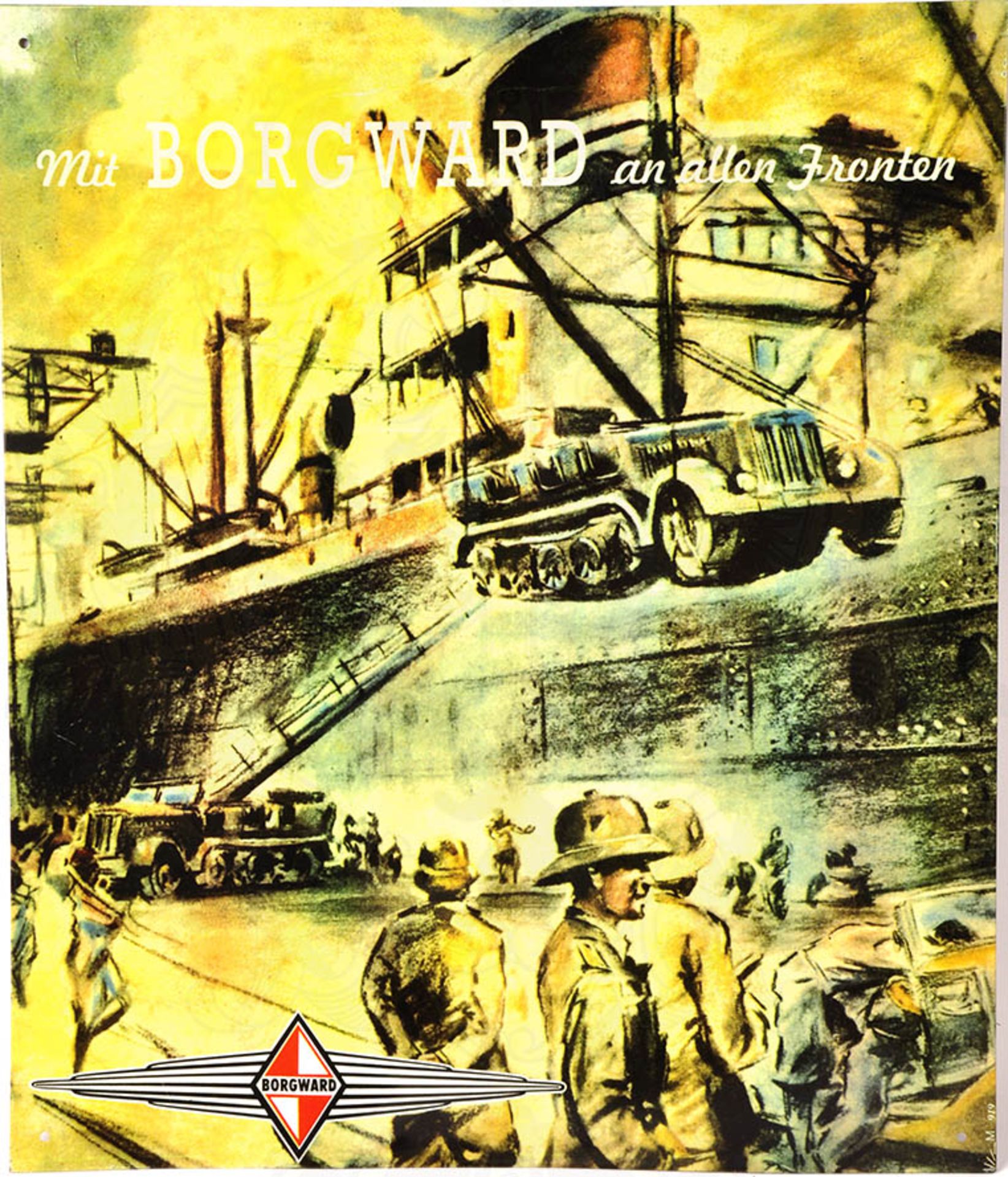 WERBESCHILD BORGWARD, Eisenblech, farb. bedruckt, Szene Schiffverladung v. Zugmaschinen, Afrika-