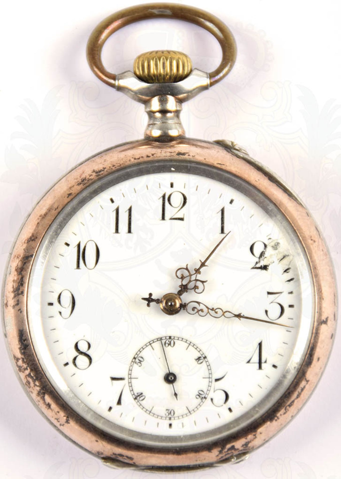 HERREN-TASCHENUHR, um 1900, punziert "800", Kronenaufzug, Tragering, arab. Porzellan-Ziffernblatt,