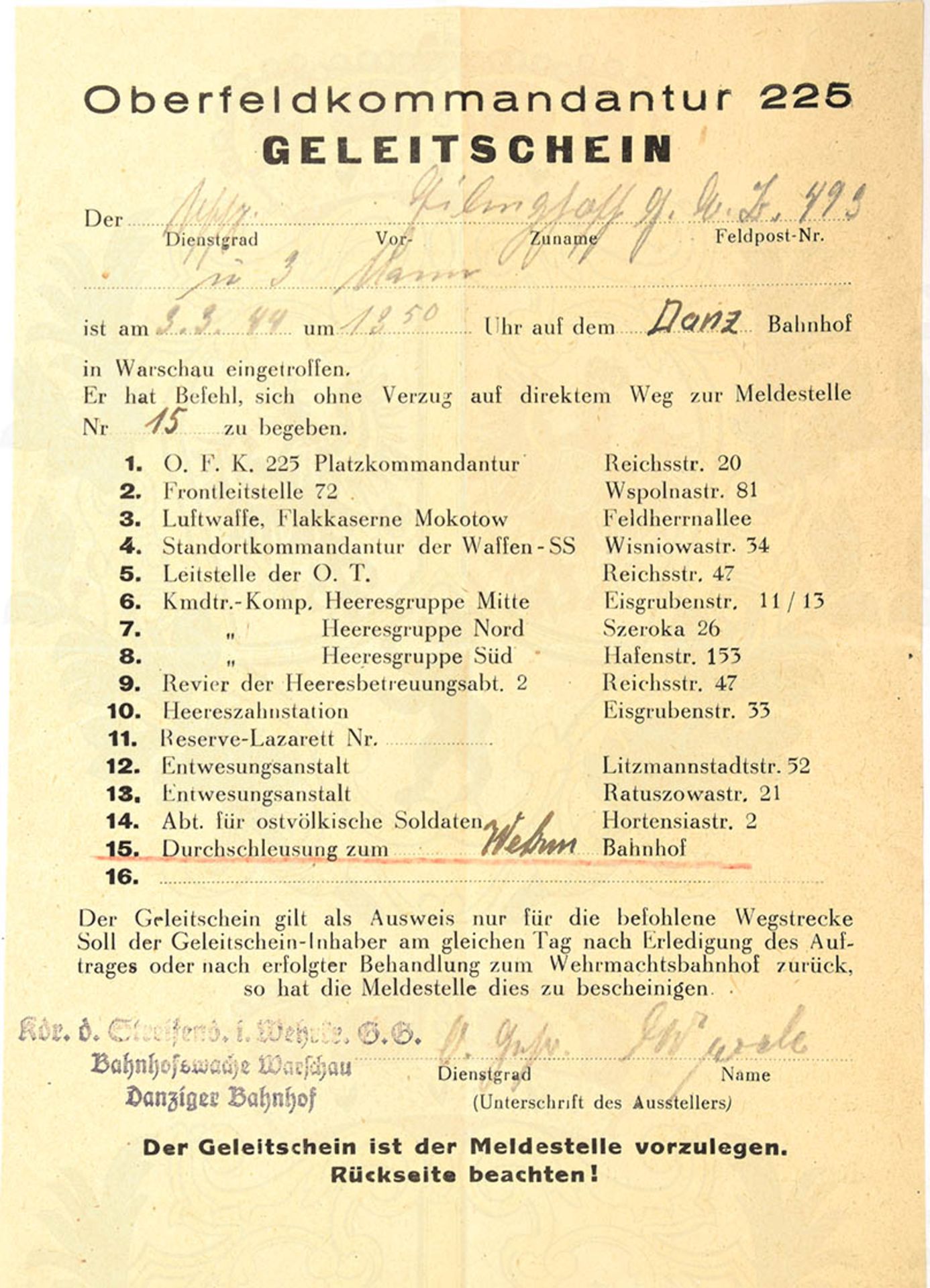 GELEITSCHEIN der Oberfeldkommandantur 225 f. e. Uffz. u. 3 Mann in Warschau, 3.3.1944, A 5 <
