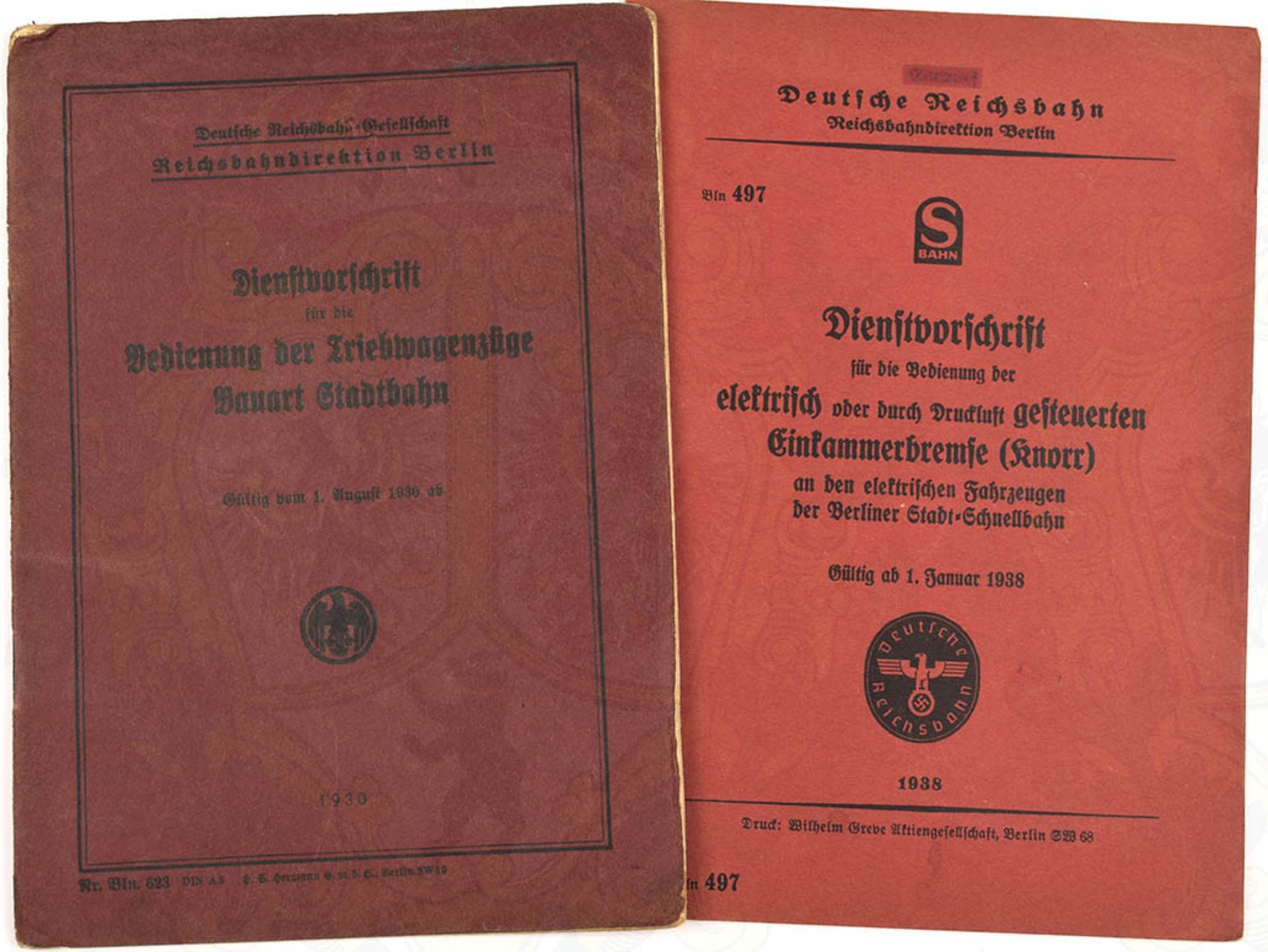 2 REICHSBAHN-DV 1939/1938, "...Bedienung d. Triebwagenzüge Bauart Stadtbahn"; "...Bedienung d.