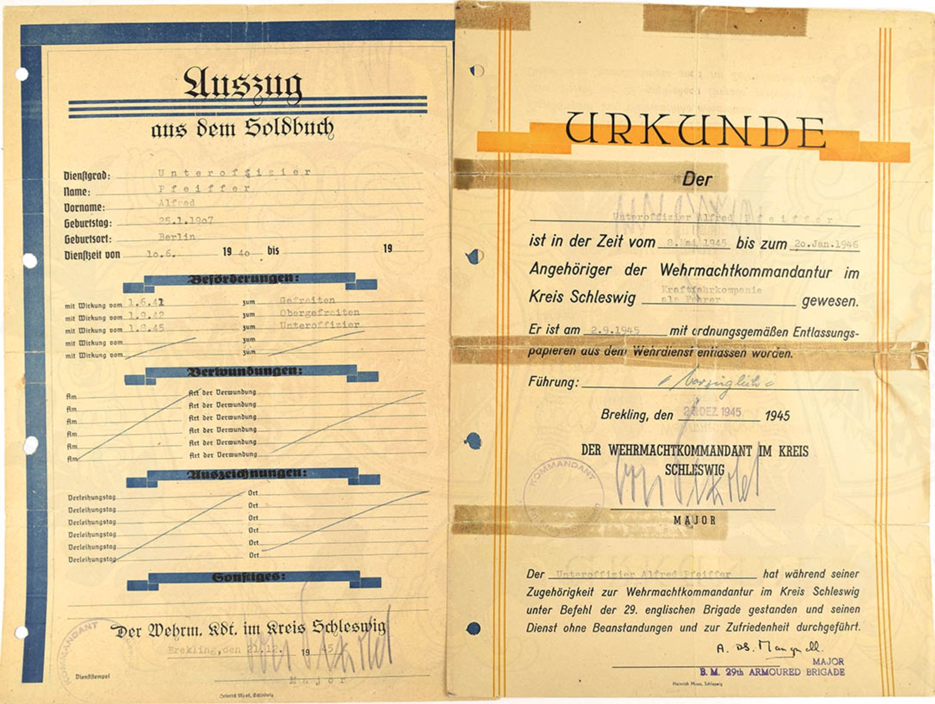 DOKUMENTENGRUPPE EINES UNTEROFFIZIERS: Auszug aus dem Soldbuch, Dienstzeit 1940-45, 3 Beförderungen;