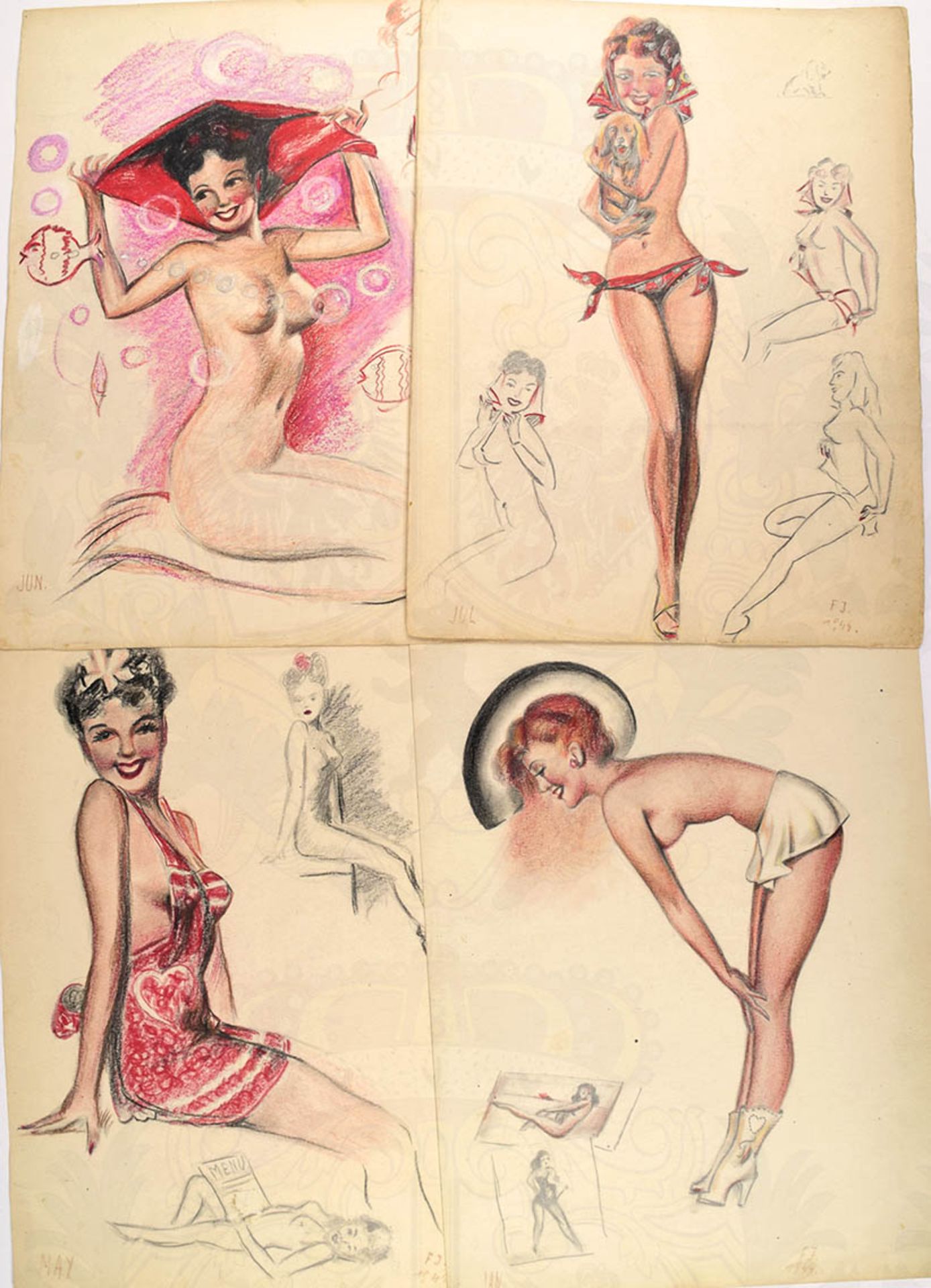 4 ZEICHNUNGEN PIN-UP GIRLS, Bleistift u. Buntstift, alle signiert "F J 1944", ca. A 4 < 1078503F,