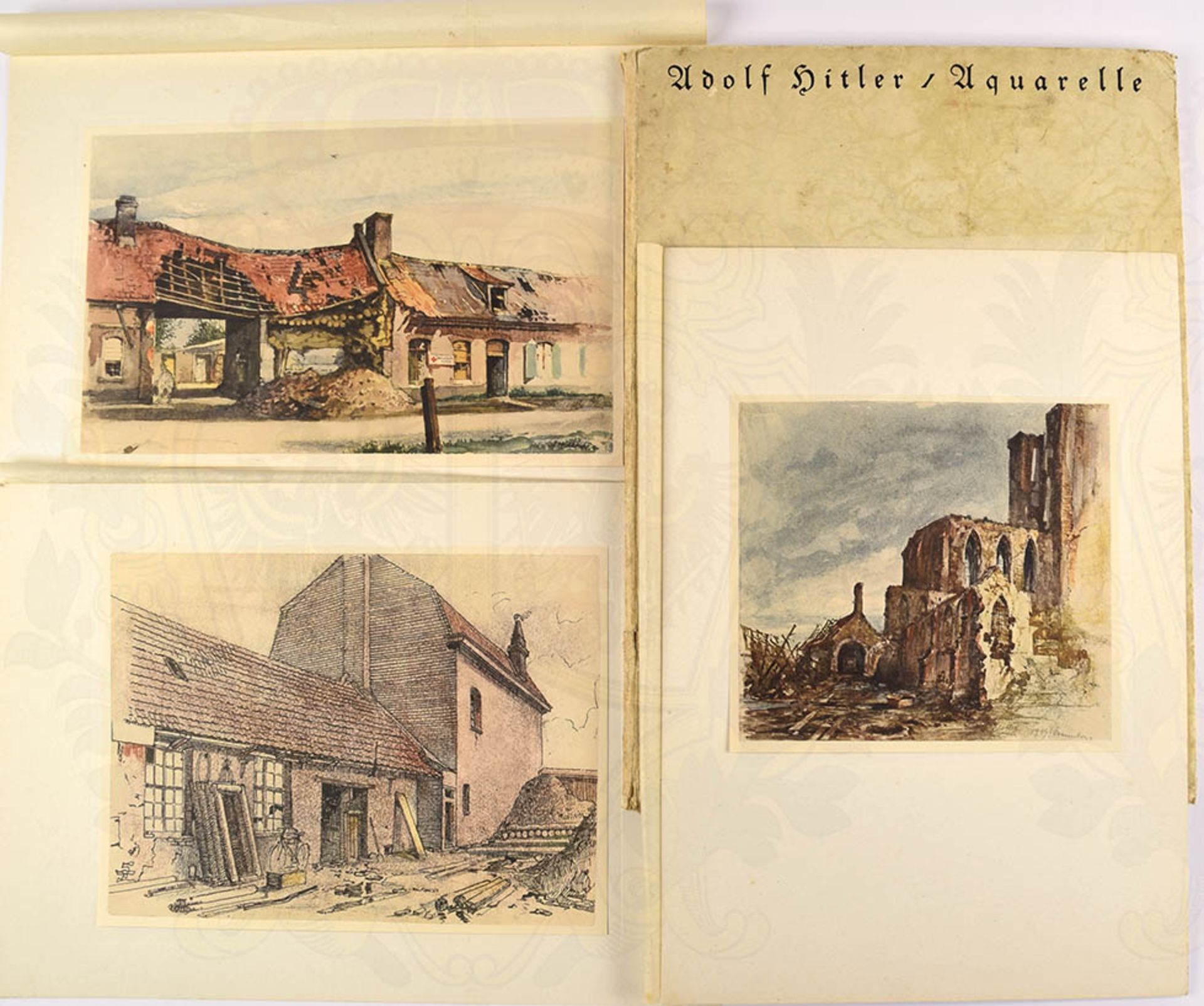 ADOLF HITLER AQUARELLE, 7 Kunstdrucke (kpl.) von Ortschaften u. Gefechtsstätten in Nordfrankreich u.