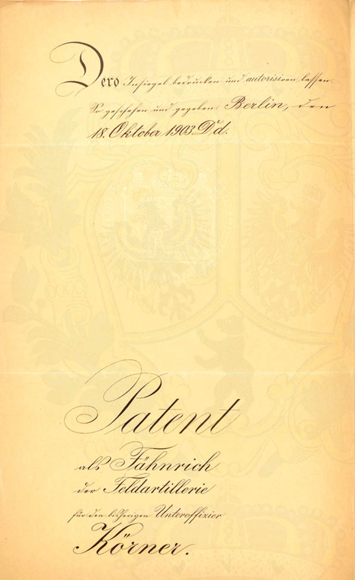 PATENT ALS FÄHNRICH, f. e. Uffz., 2. Ostpr. FAR No. 52, 18.10.1903, gr. Prägesiegel, Doppelblatt, - Bild 2 aus 2