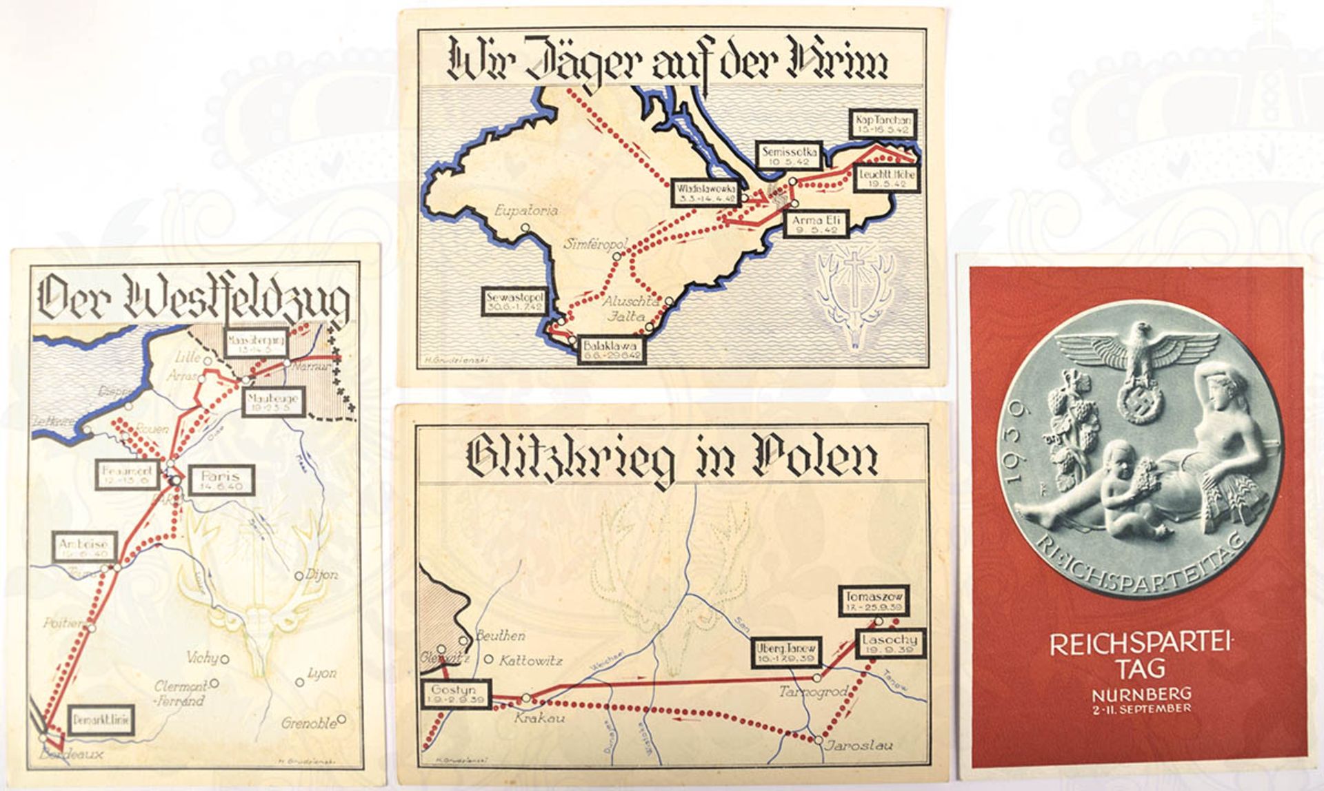 4 PROPAGANDAKARTEN, "RPT Nürnberg 1939"; sonst AOK 11: "Blitzkrieg in Polen", "Der Westfeldzug"