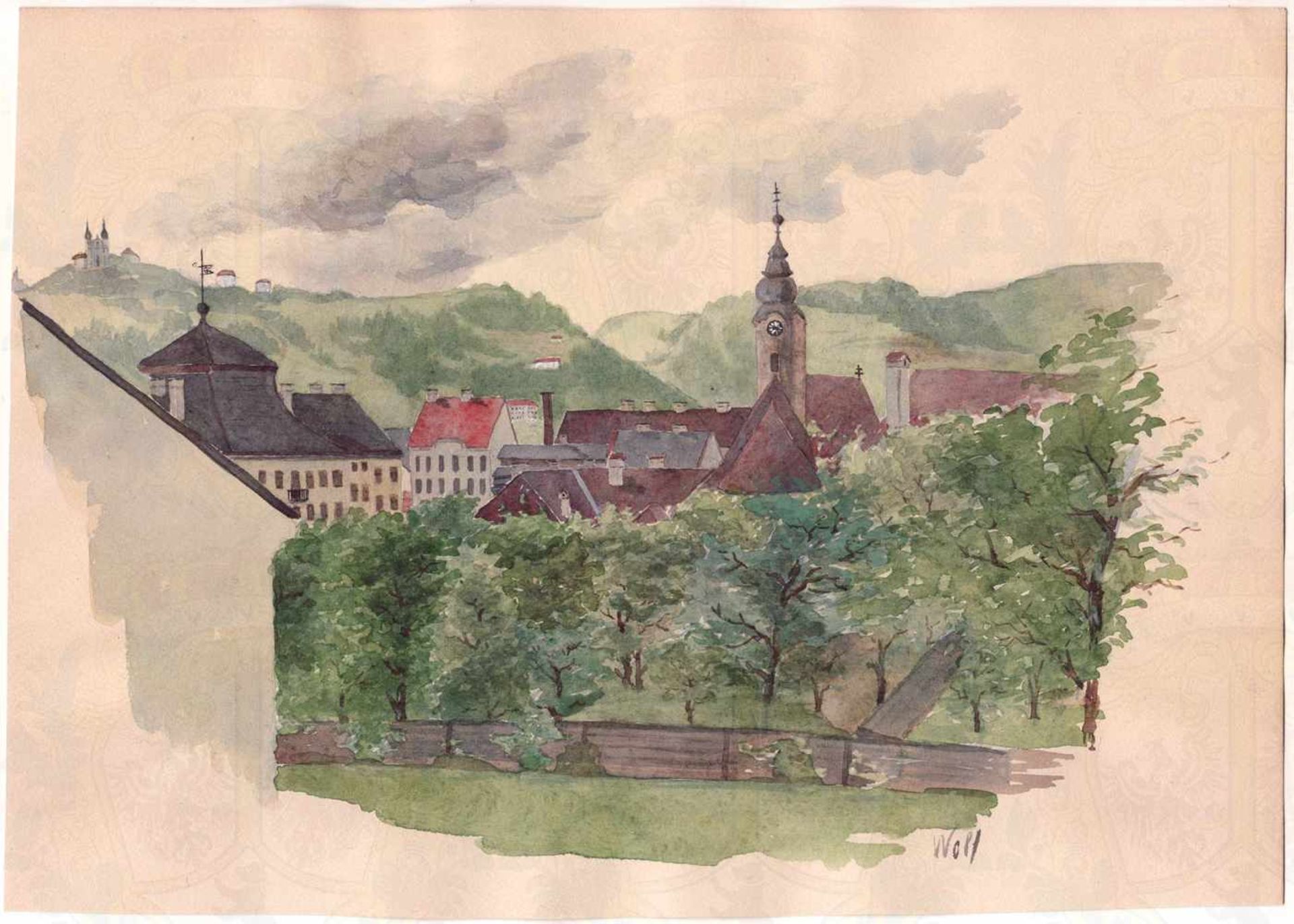 AQUARELL VON ADOLF HITLER, „St. Magdalenen bei Linz“, nördlicher Stadtteil von Linz, an der Donau