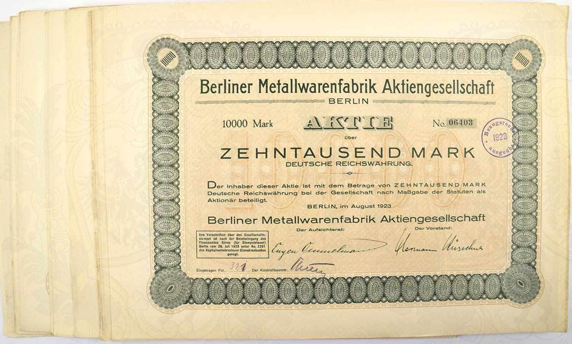 95 AKTIEN BERLINER METALLWAREN A.G. 1923, zu je 10000 Mark, einige m. kleinen Randmängeln