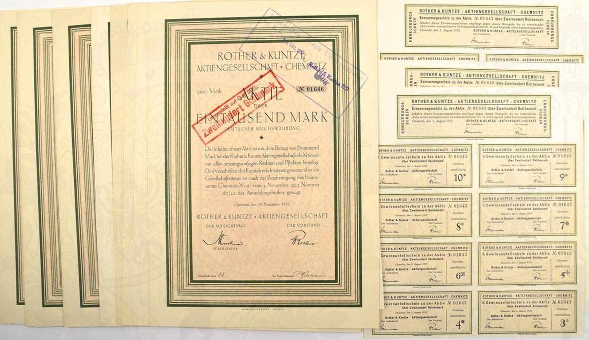 10 AKTIEN ROTHER & KUNTZE A.G. CHEMNITZ 1922, über je 1000 Mark; beiliegend 10 Bögen Anteilscheine