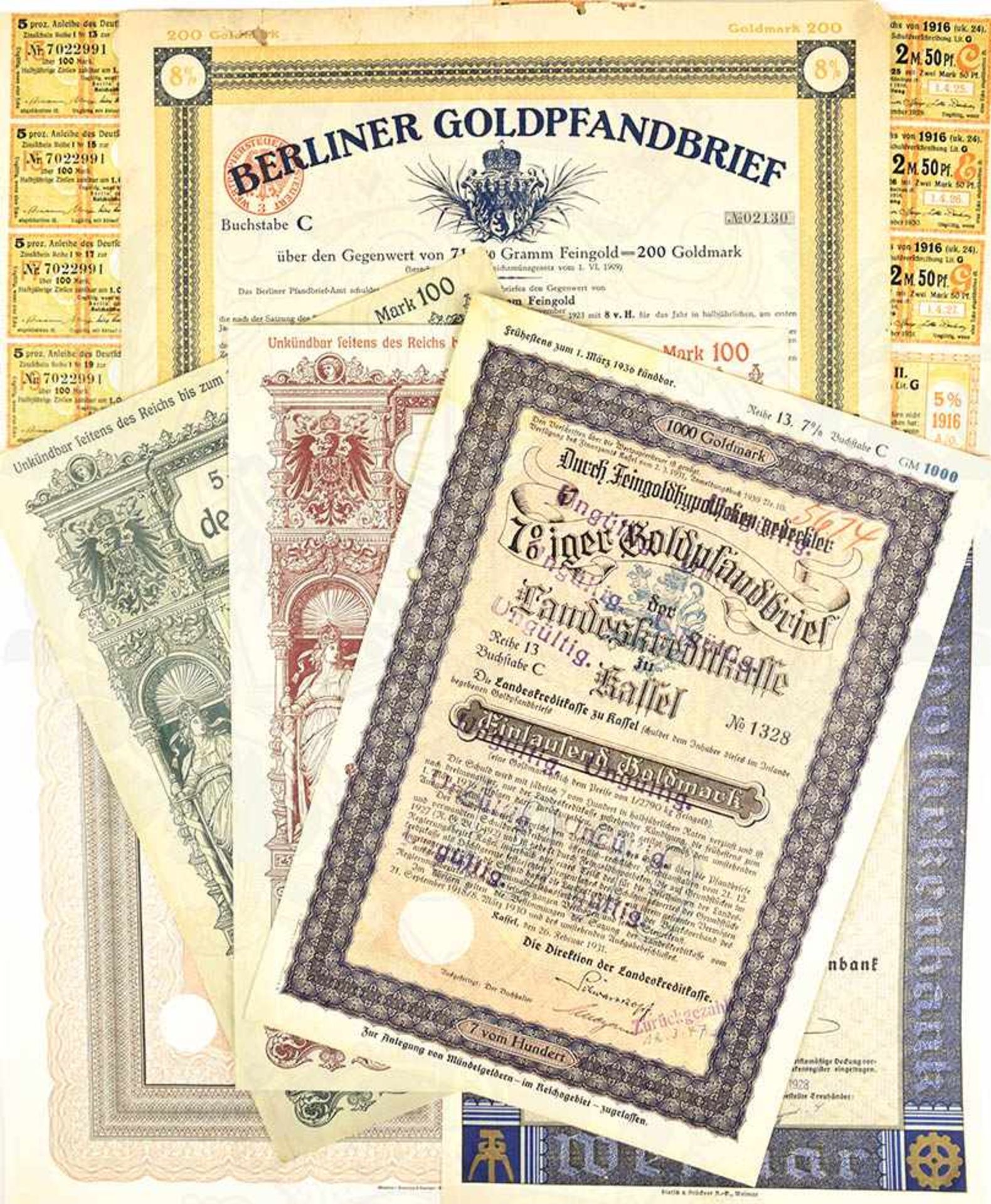 6 AKTIEN, Thür. LVA 1928 100 Goldmark zu 8 %; Bln. Goldpfandbrief 200 Goldmark zu 8 & 1924;