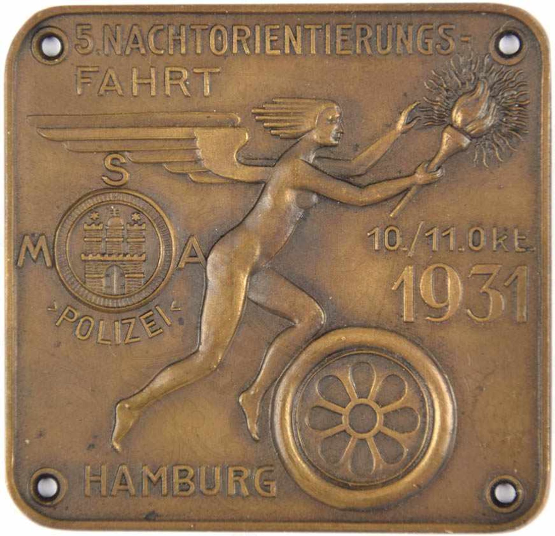 PLAKETTE 5. NACHTORIENTIERUNGSFAHRT POLIZEI HAMBURG, „MSA 1931“, Bronze, erhaben gepr. m.