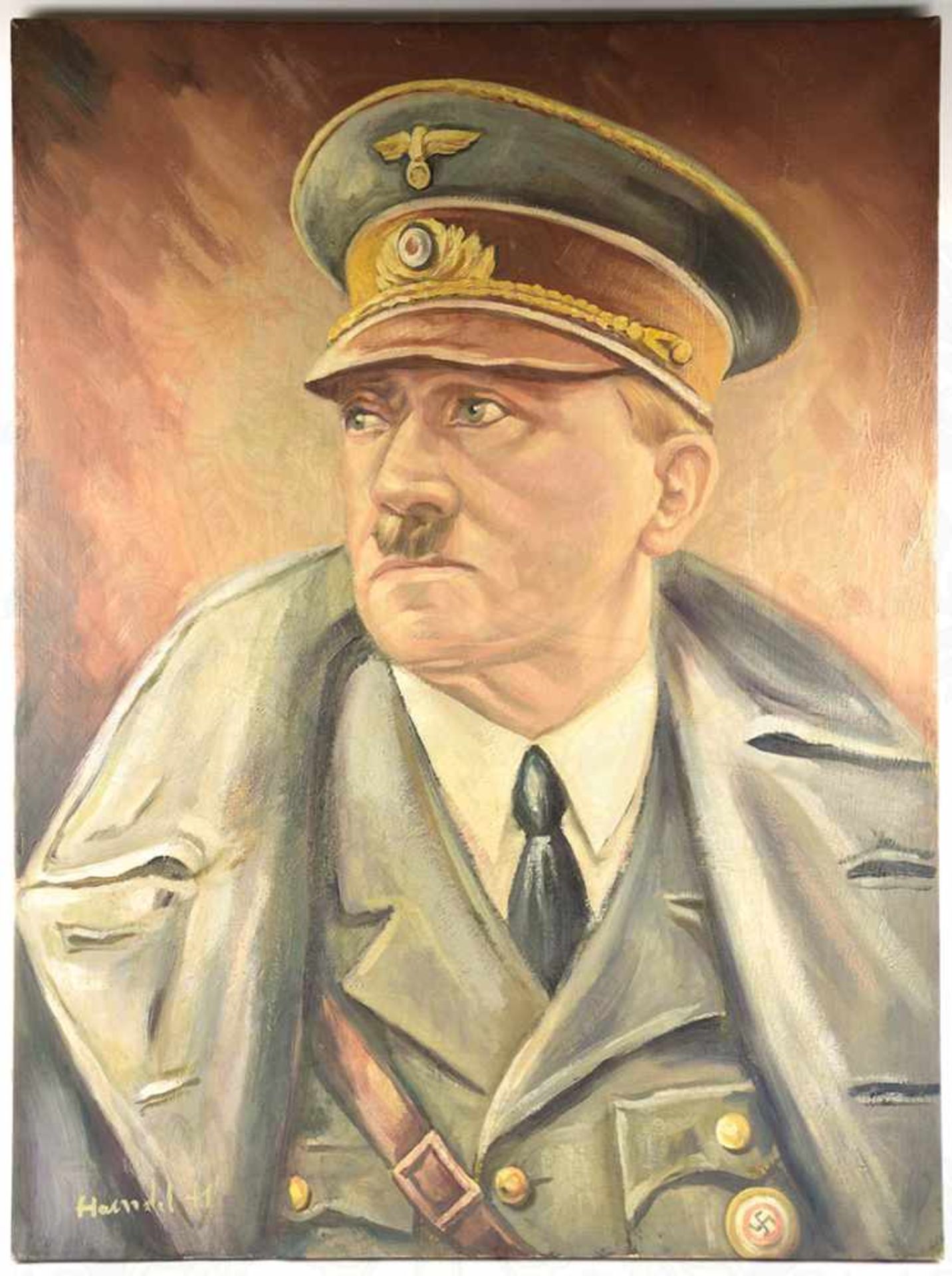 PORTRAIT ADOLF HITLER, Öl auf Leinwand, Brustbild in Uniform, mit Mantel, Schirmmütze u. Goldenem