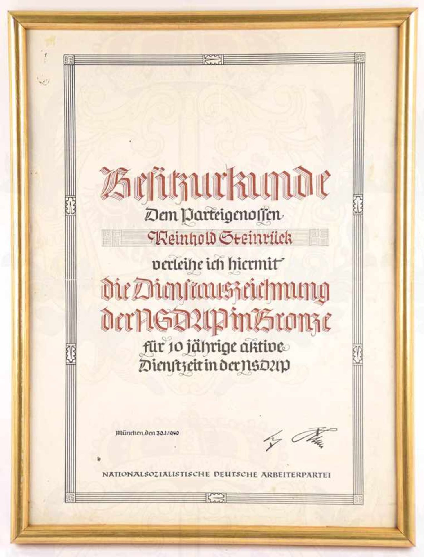 BESITZURKUNDE ZUR DIENSTAUSZEICHNUNG DER NSDAP „in Bronze“, f. e. Parteigenossen, München 30.1.1940,