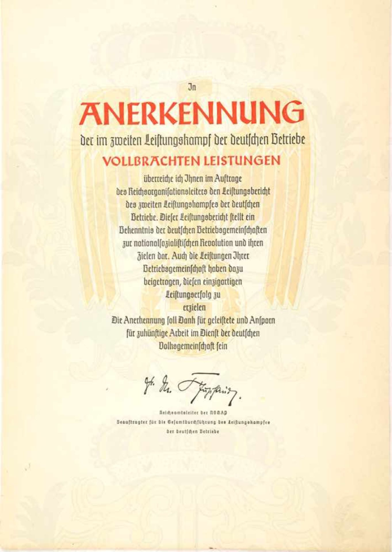 ANERKENNUNGSURKUNDE, z. 2. Leistungskampf d. Deutschen Betriebe, (1937), großf., farb. Karton m.