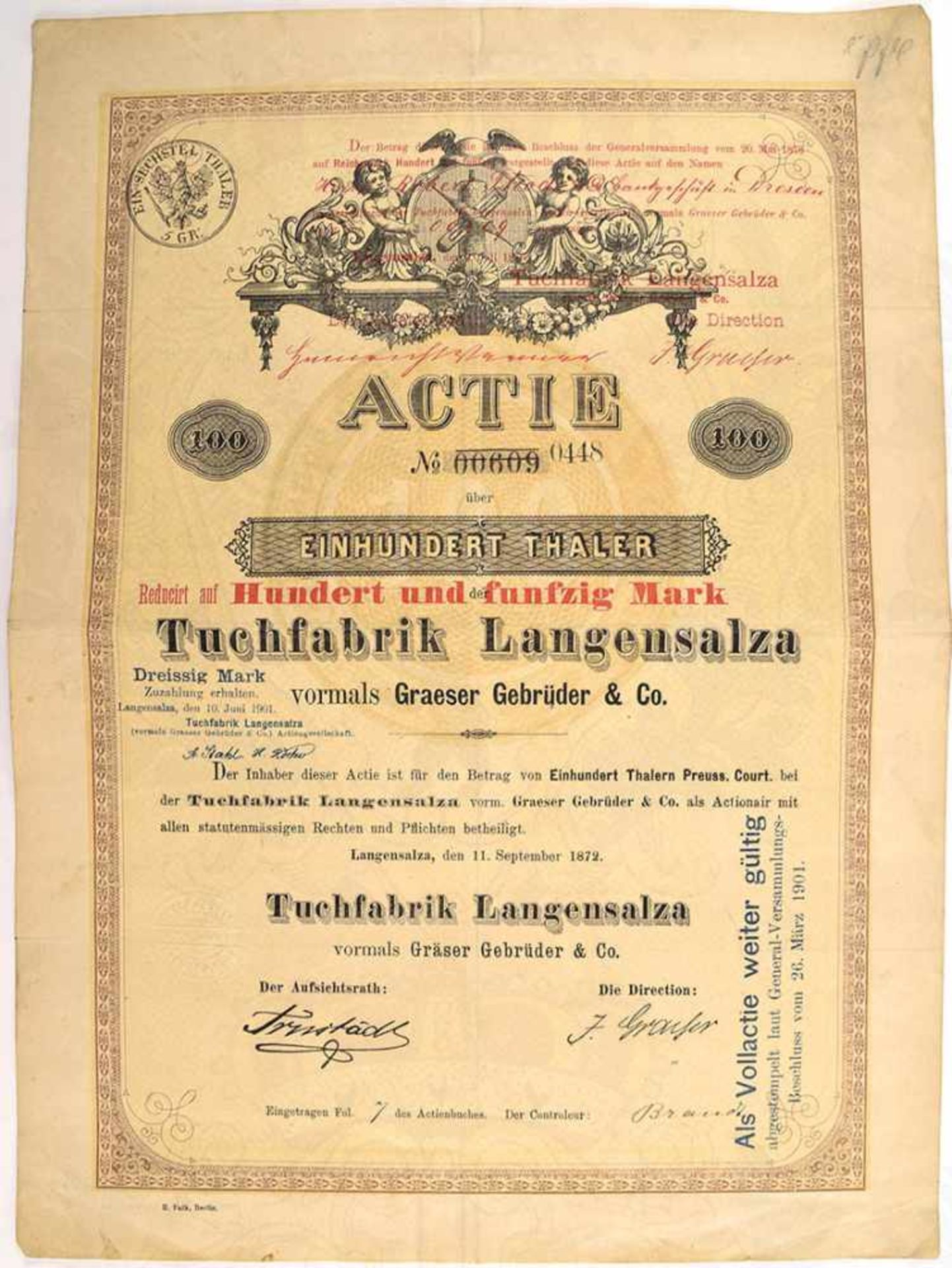 ACTIE TUCHFABRIK LANGENSALZA, vormals Gräser Gebrüder & Co., über 100 Thaler, 11. September 1872,