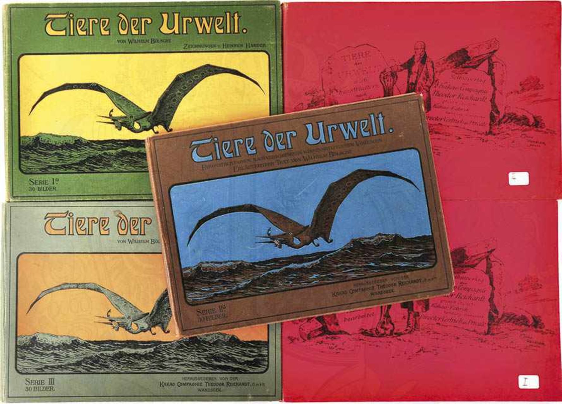 5 ALBEN „TIERE DER URWELT“, Serien I, Ia, II, IIa u. III, jew. 30 farb. Kunstdruck-Tafeln in tls.