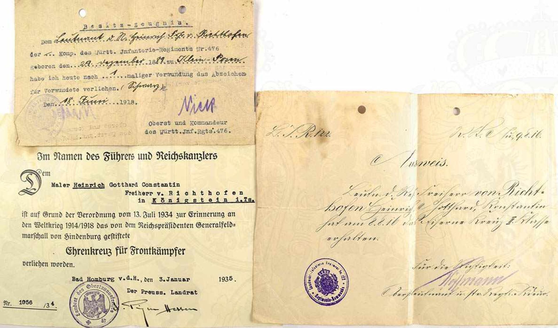 URKUNDENGRUPPE EINES LEUTNANTS DER RESERVE: Ausweis zum EK II 1914, Landwehr-Inf.-Rgt. 122, 1916, OU