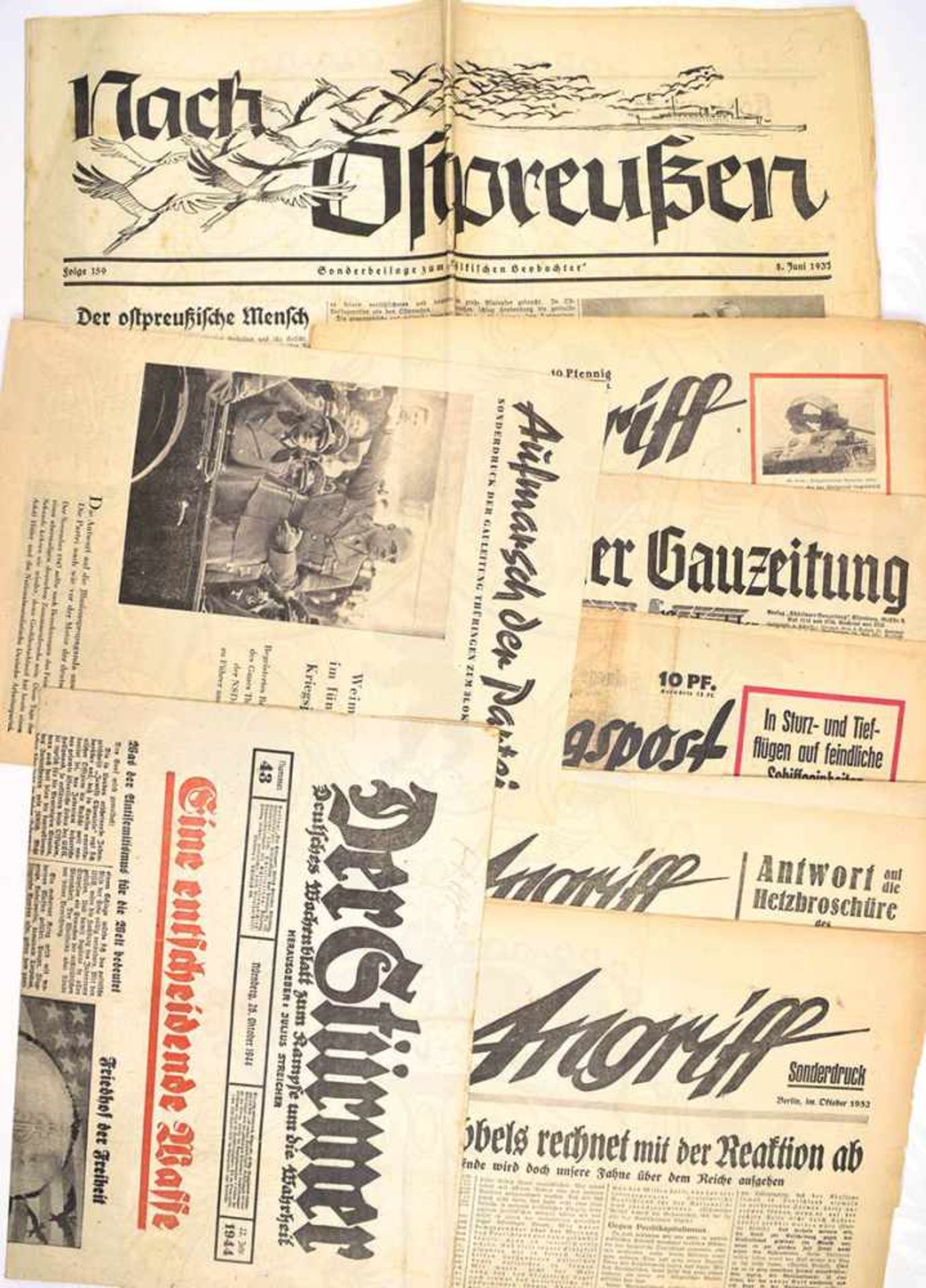 9 ZEITUNGEN/BEILAGEN, „Der Stürmer“, 1944-Nr. 43, „Verjudetes Amerika“, 4 S.; „Aufmarsch d.