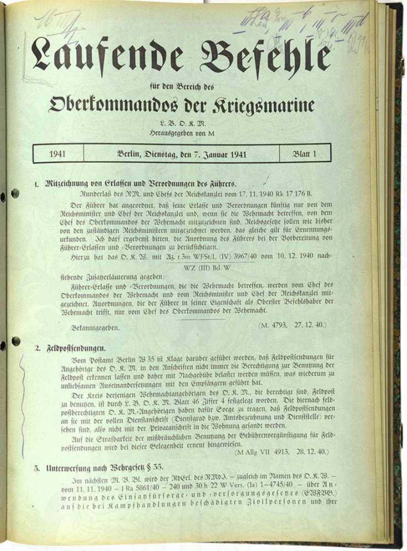 LAUFENDE BEFEHLE für den Bereich des Oberkommandos der Kriegsmarine L.B.O.K.M., Blatt1/ Jan. 1941