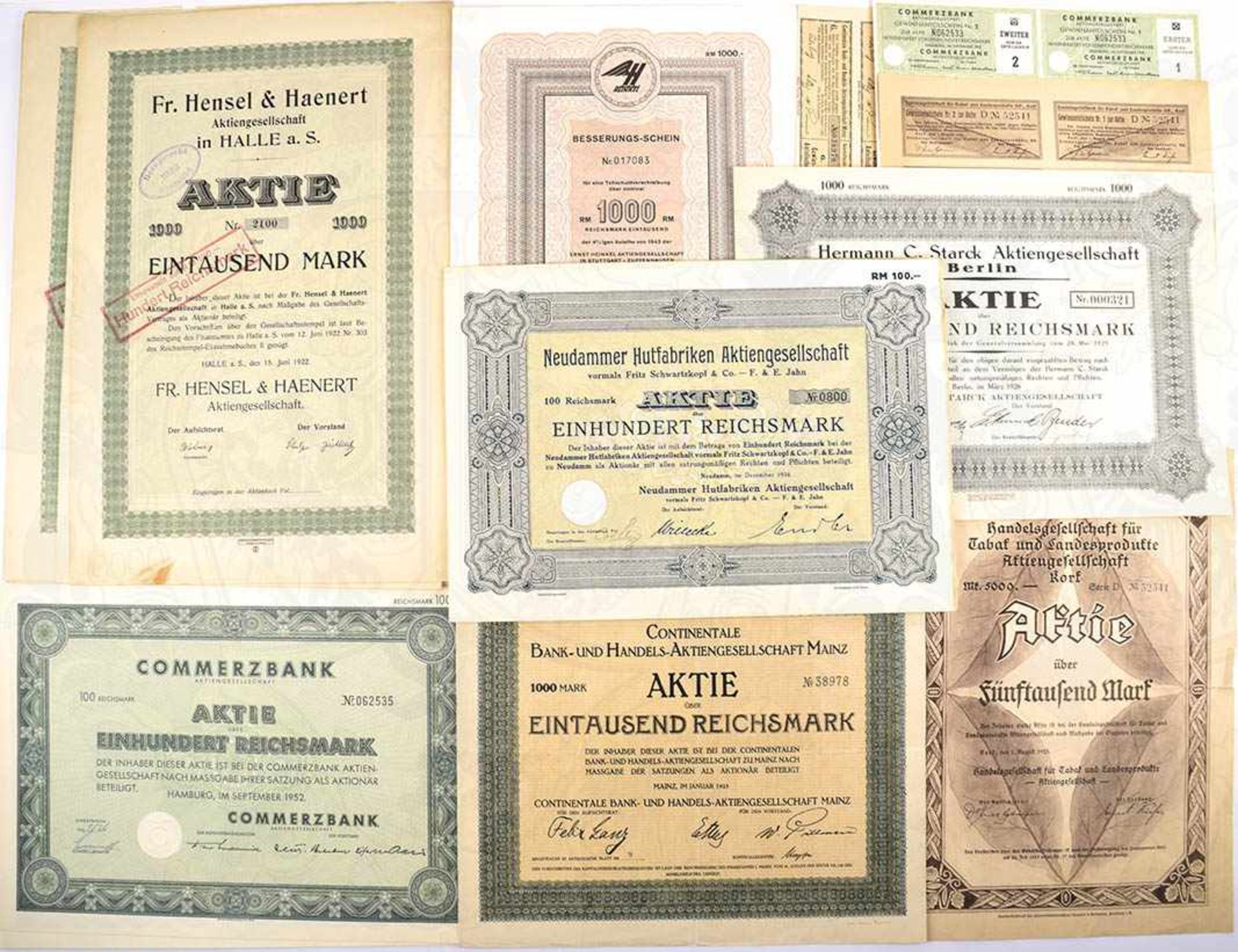14 AKTIEN, 7x Fr. Hensel & Haenert A.G. Halle/Saale 1922 zu 1000 M.; Commerzbank 1952 z. 100 RM, (