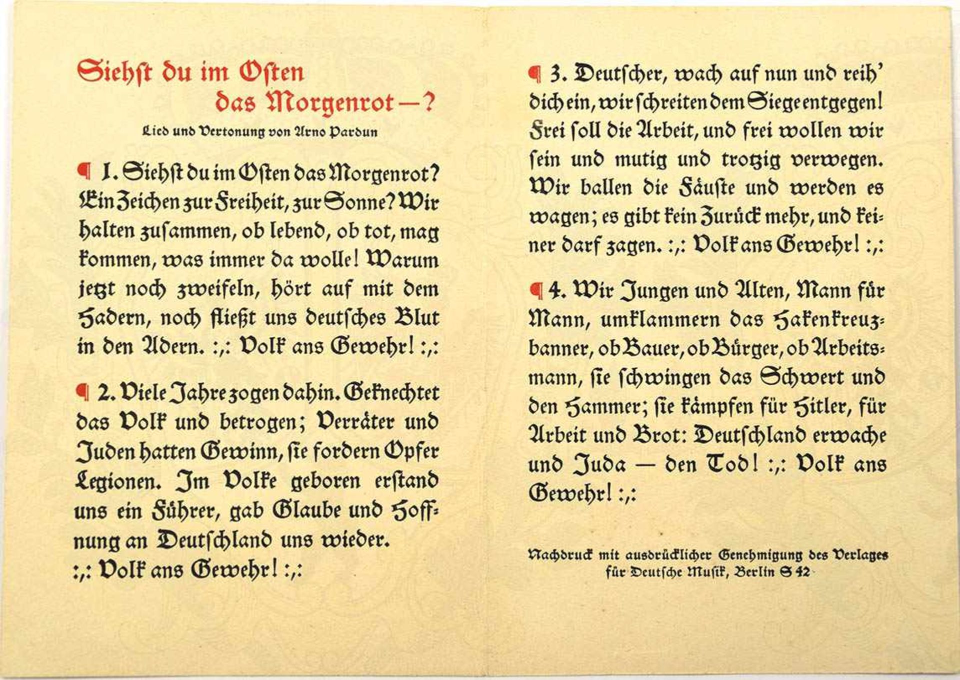 VOLK ANS GEWEHR, Liedheft v. Arno Pardun, m. allen 4 Strophen, Hauserpresse, Frankf./M. um 1933, 4 - Bild 2 aus 2
