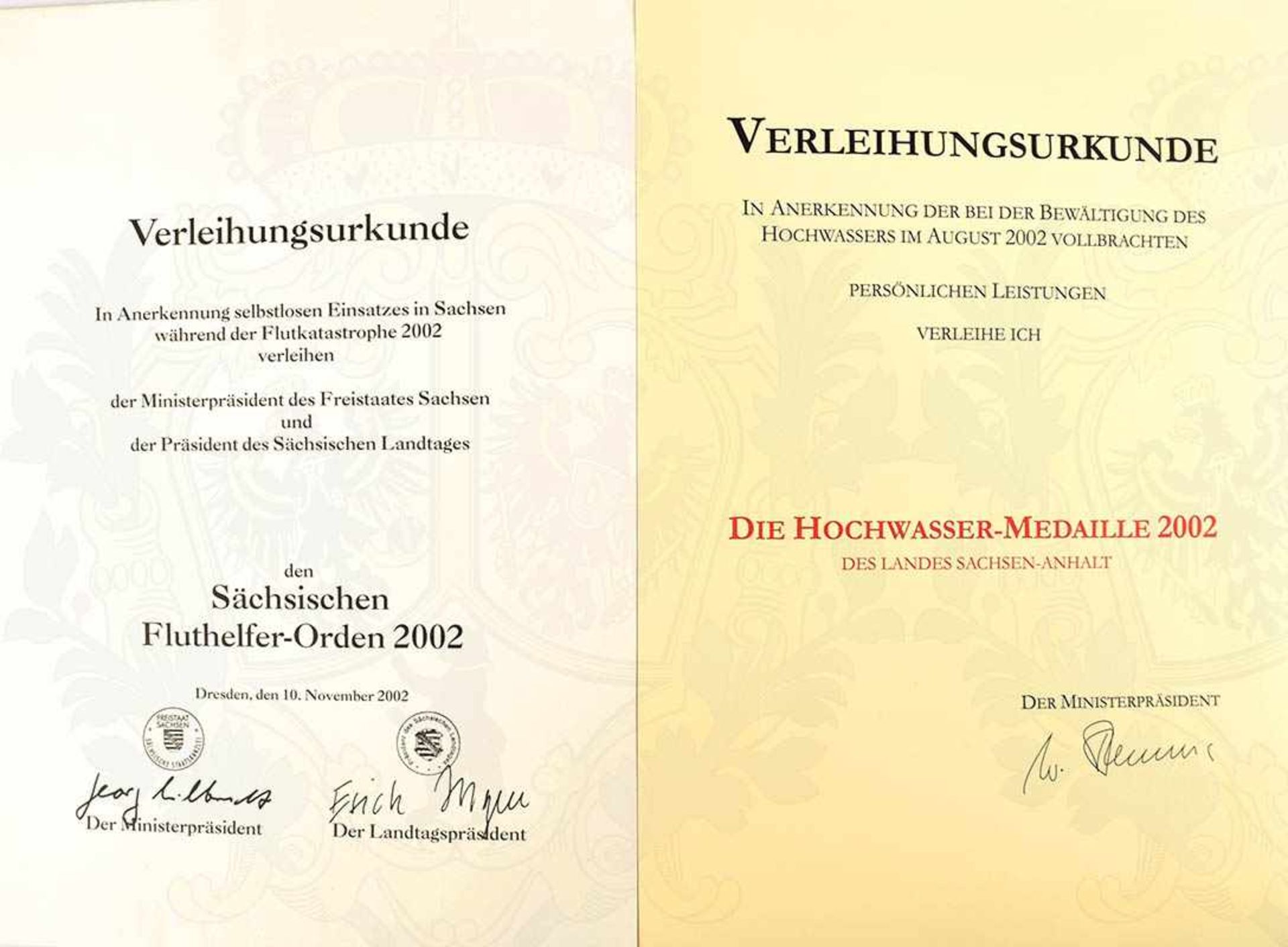 2 BLANKO-URKUNDEN FLUT 2002, Fluthelfer-Orden Sachsen; Hochwasser-Medaille Sachsen-Anhalt, je A 4,