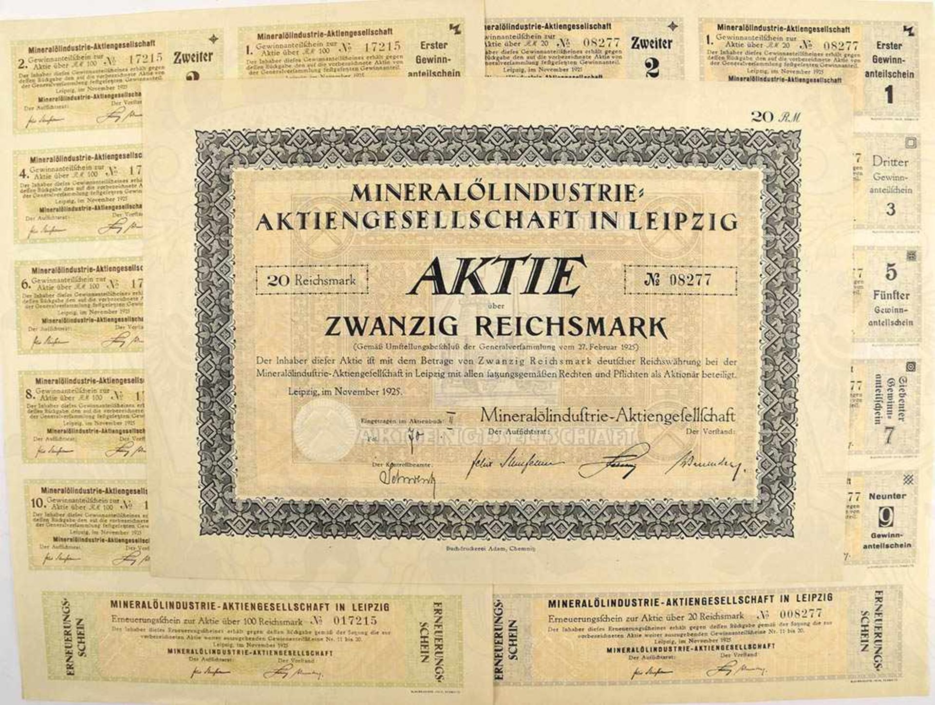 AKTIE ÜBER 20 REICHSMARK, Mineralölindustrie A.G. Leipzig 1925, m. Bogen 10 Anteilscheine; dazu