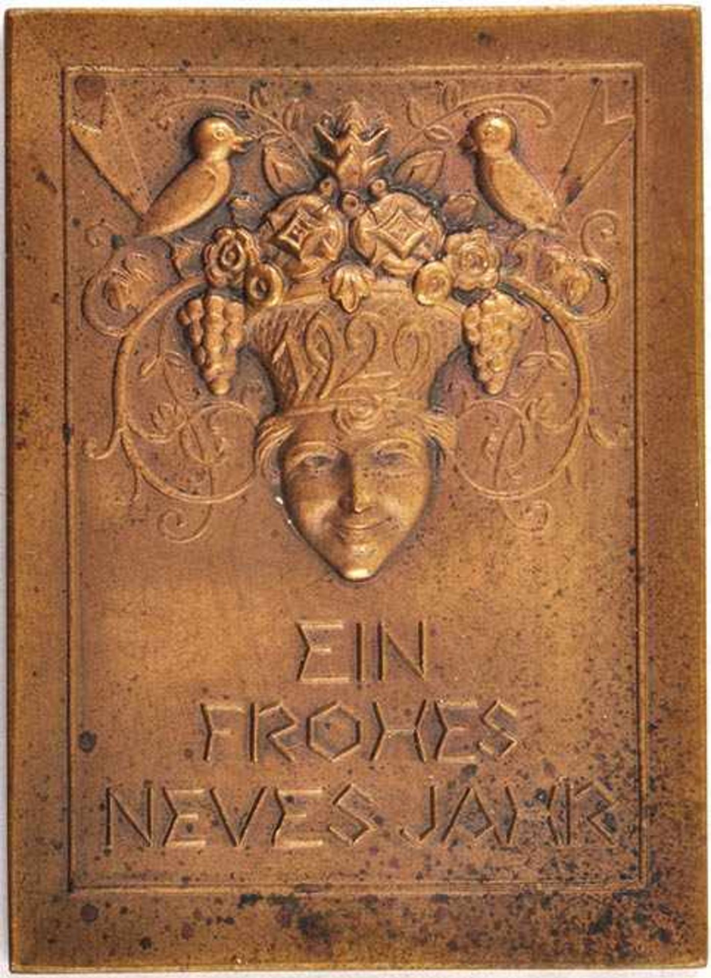 PLAKETTE, Bronze, bez. „Ein Frohes Neues Jahr 1929“, m. Winzer-Motiven, 70x50 mm, vermutlich