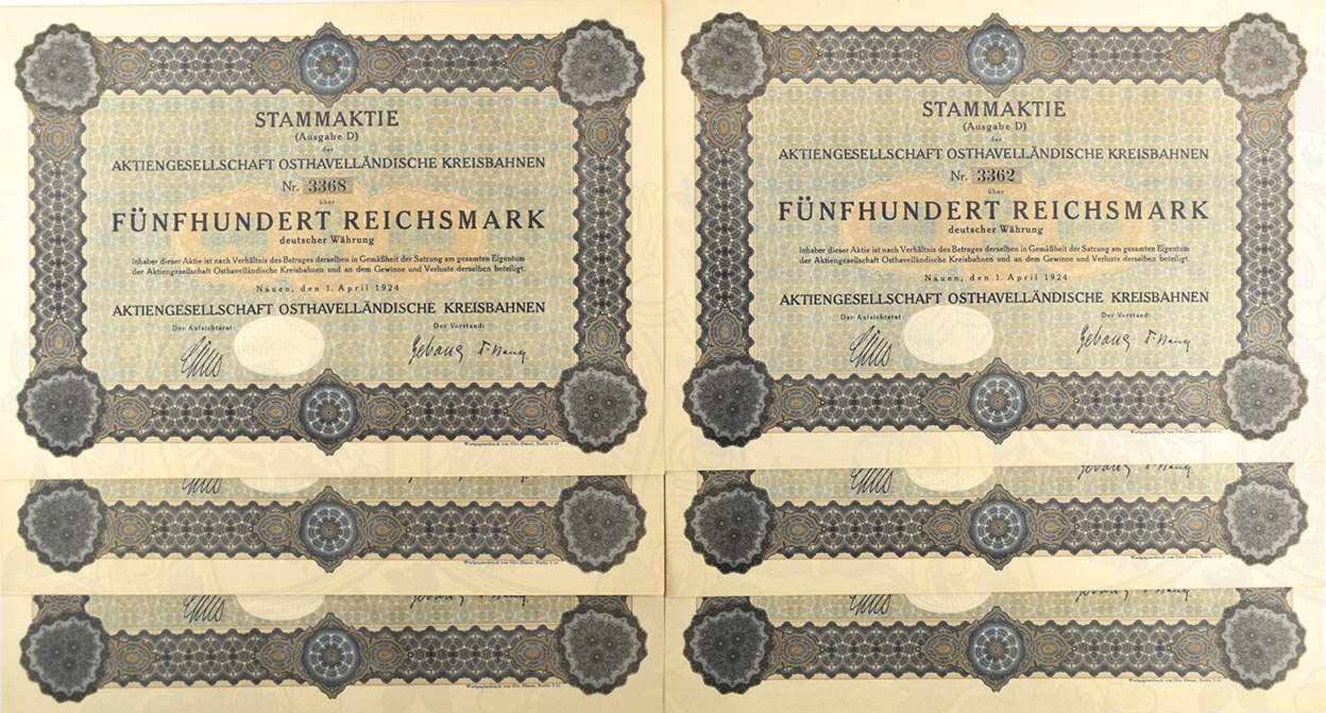 12 STAMMAKTIEN A.G. OSTHAVELLÄNDISCHE KREISBAHNEN, zu je 500 RM, Ausgabe D, Nauen, 1. 4. 1924