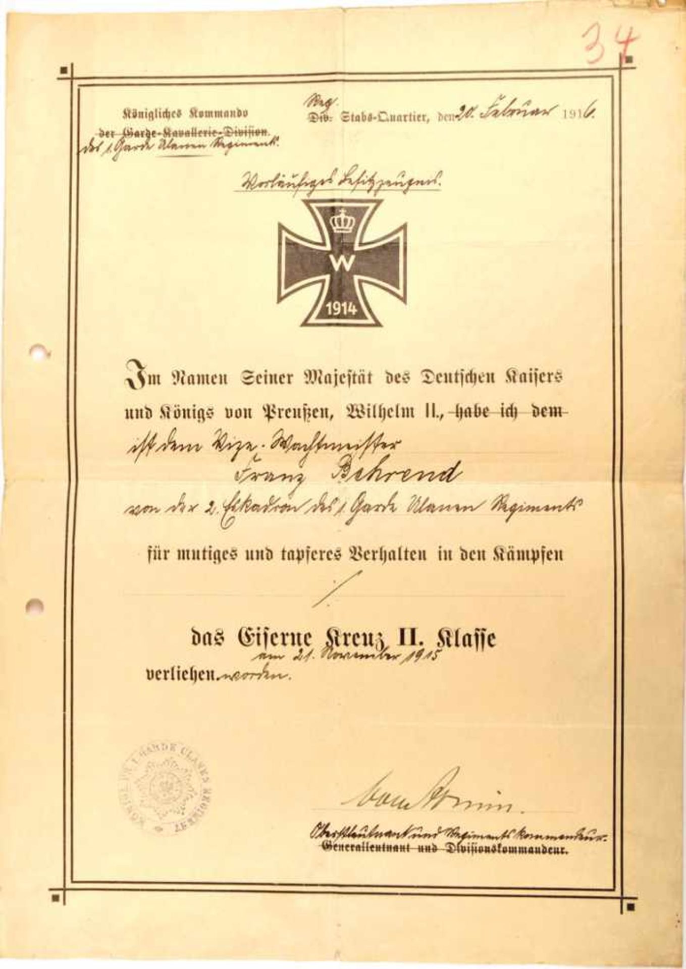 VORLÄUFIGES BESITZZEUGNIS EK II 1914, Vordruck d. Kgl. Kdos. d. Garde-Kavallerie-Division, f. e.